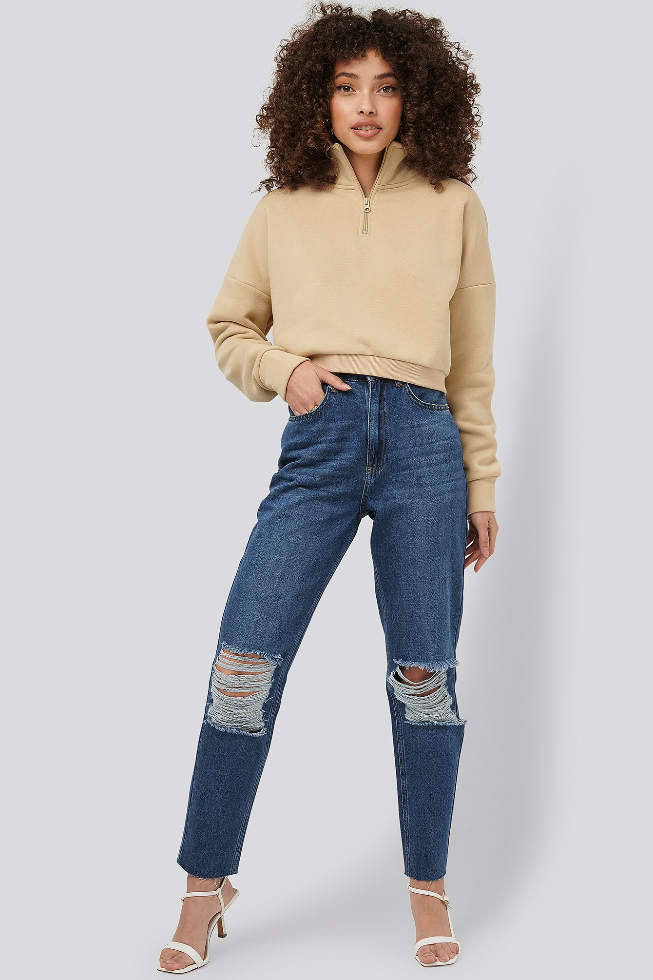 Mid Blue Ripped Knee Mom Fit Jeans