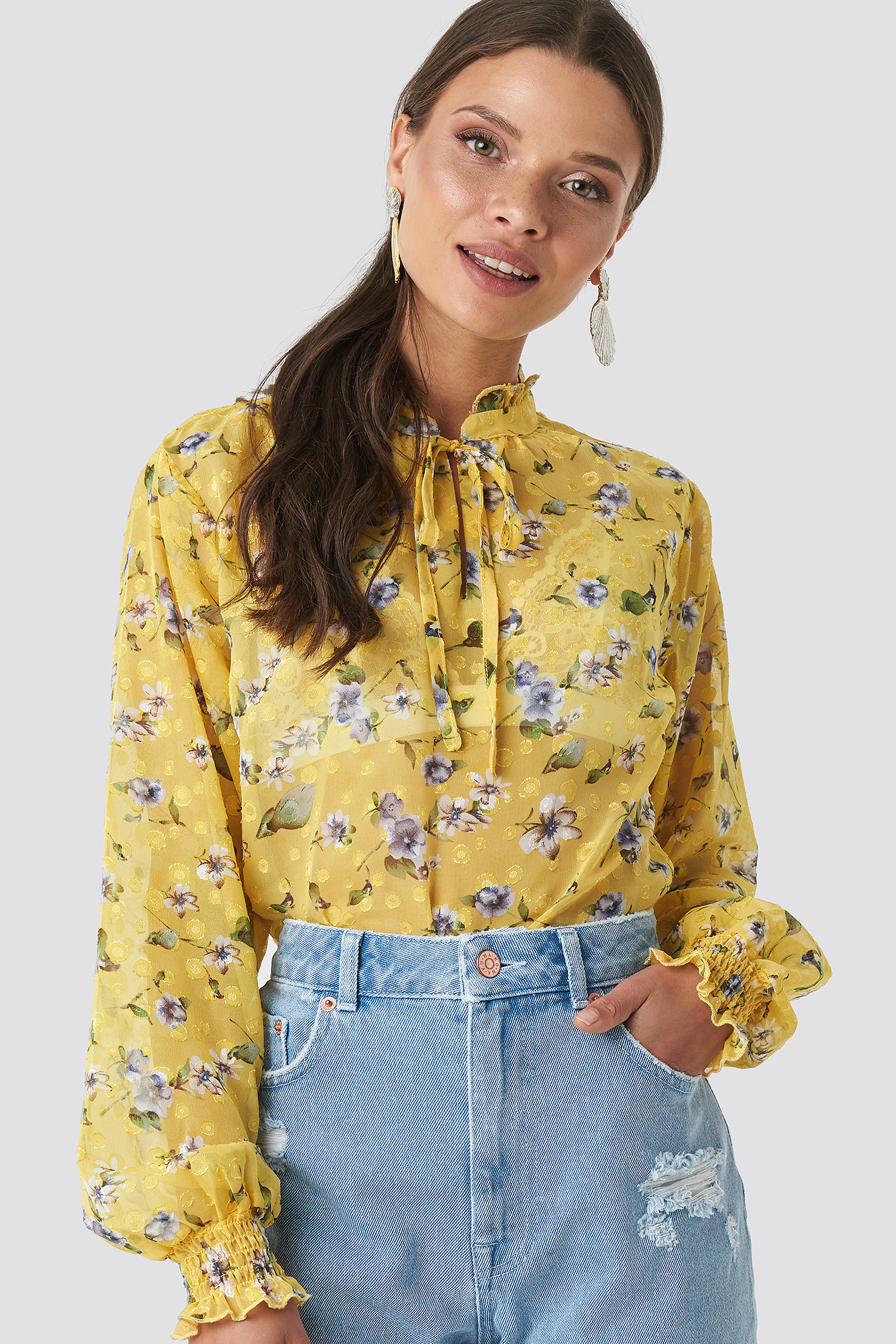 High Frill Neck Print Blouse Yellow