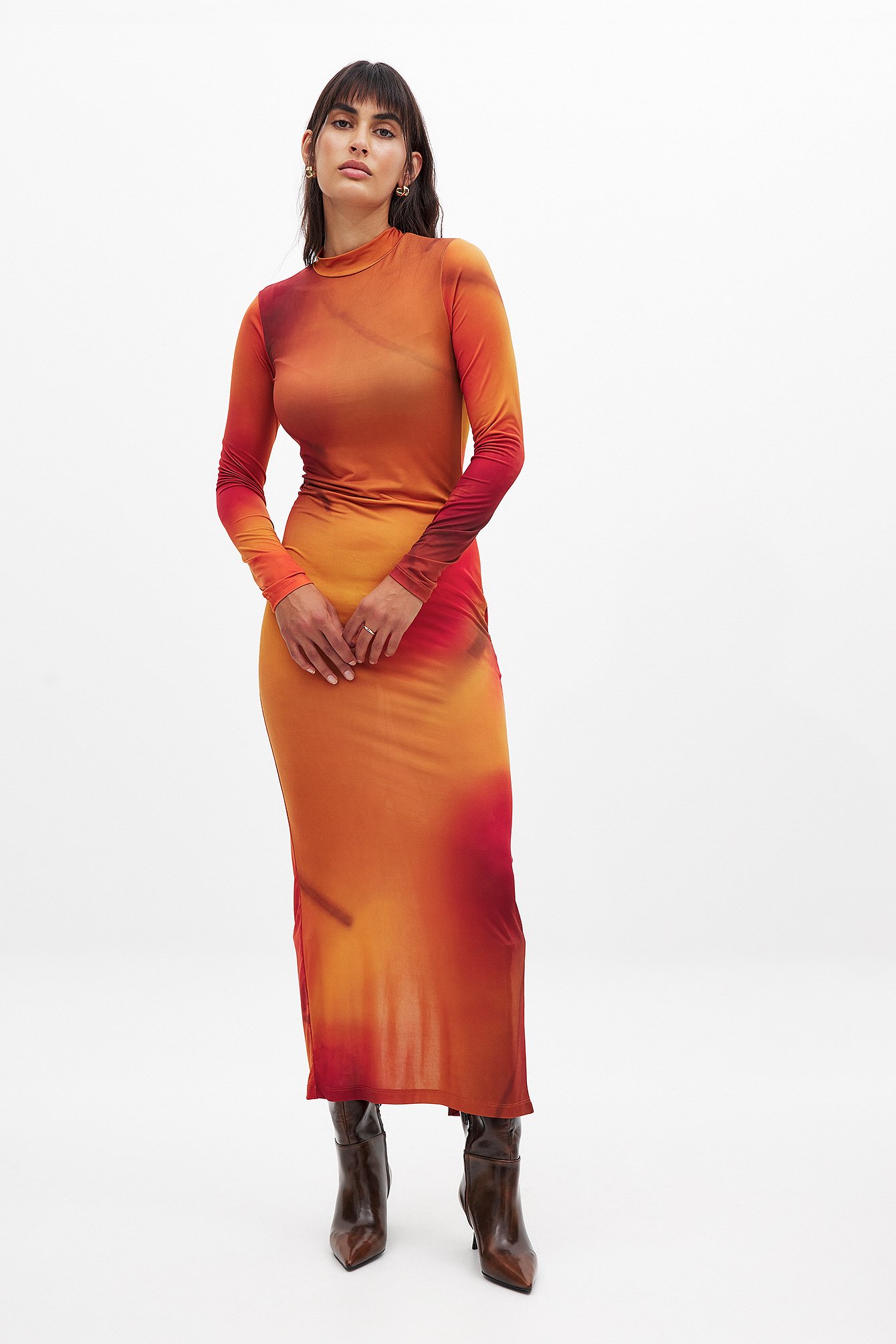 NA-KD High Neck Maxi Dress - Long Sleeve Maxi Dresses - Orange - XL (EU 46) - NA-KD / NAKD
