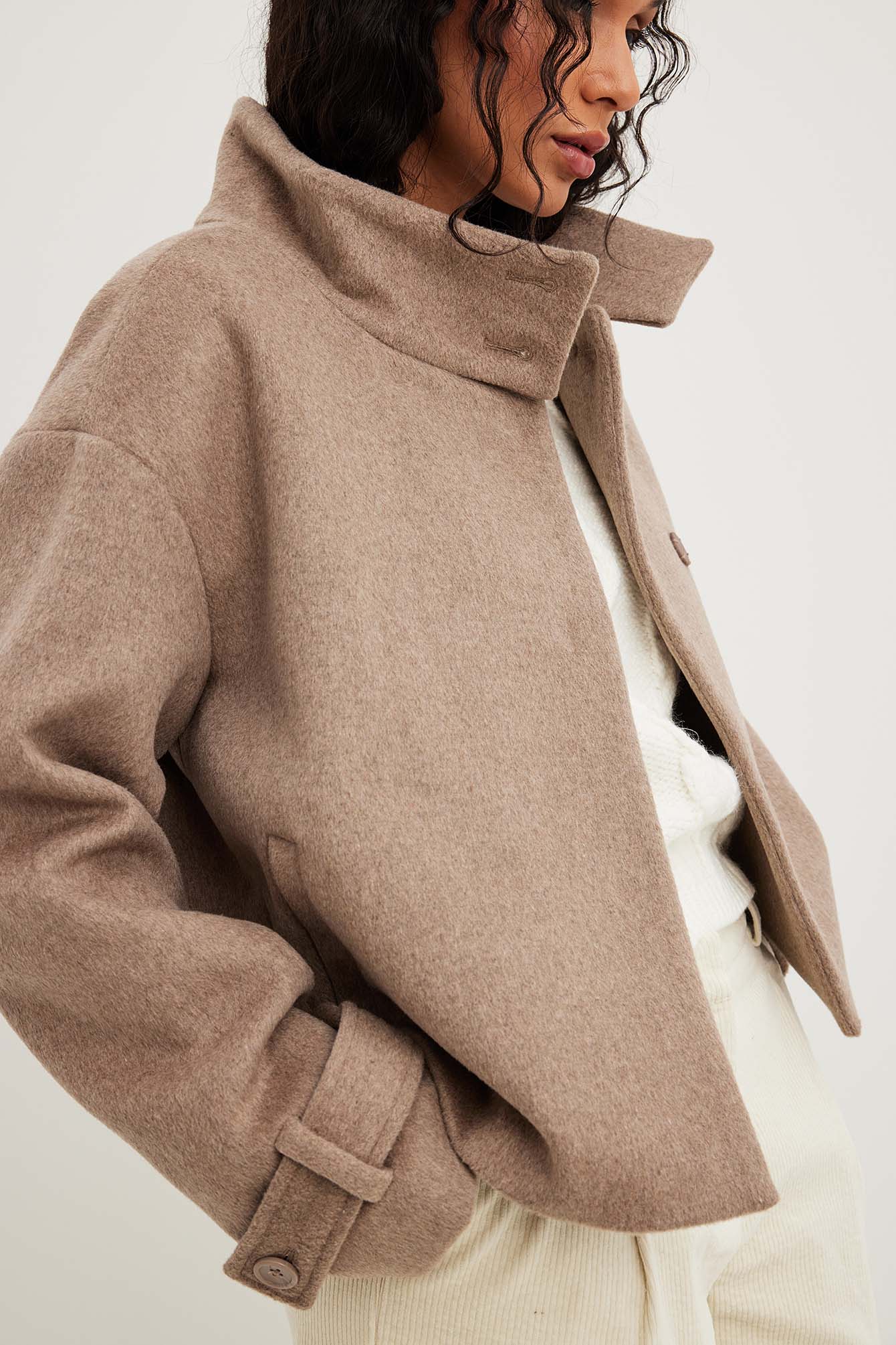 Wool Blend High Neck Buttoned Coat Beige | NA-KD