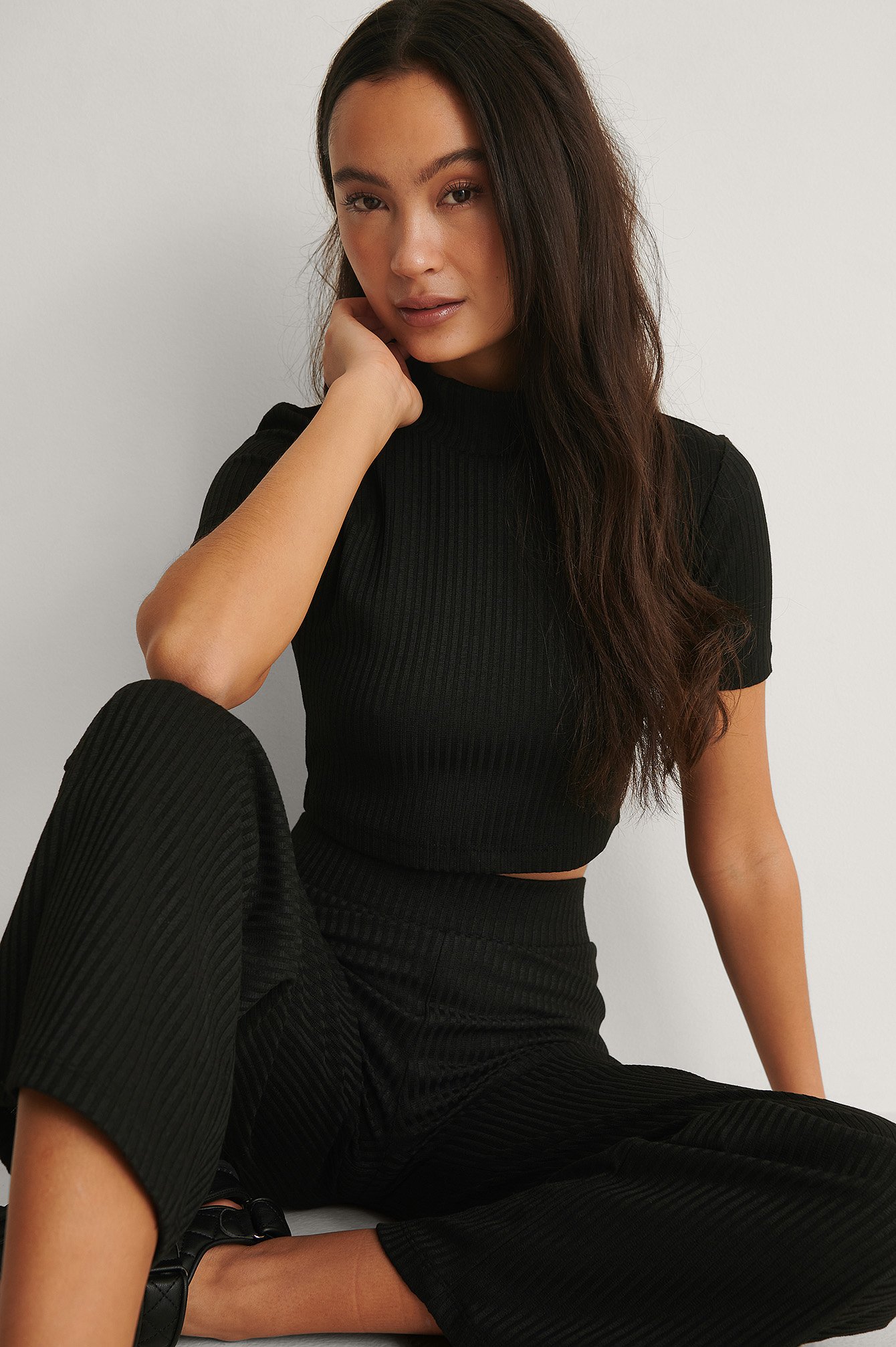 Black Recycled High Neck Ribbed Short Sleeved Top