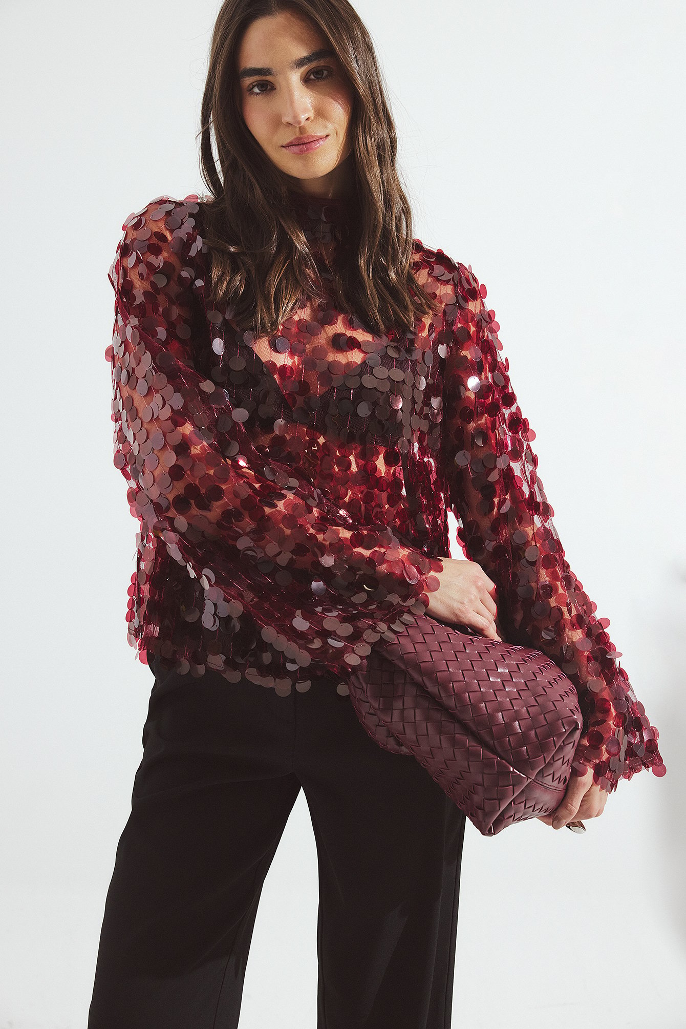 NA-KD Hoge halslijn top met pailletten - Party Tops - Burgundy - M (EU 38-40) - NA-KD / NAKD
