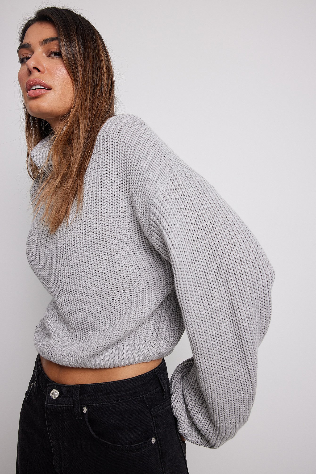 Tahari Wide Check High Neck Jumper in Grey Grey Womens Clothing Jumpers and knitwear Turtlenecks 