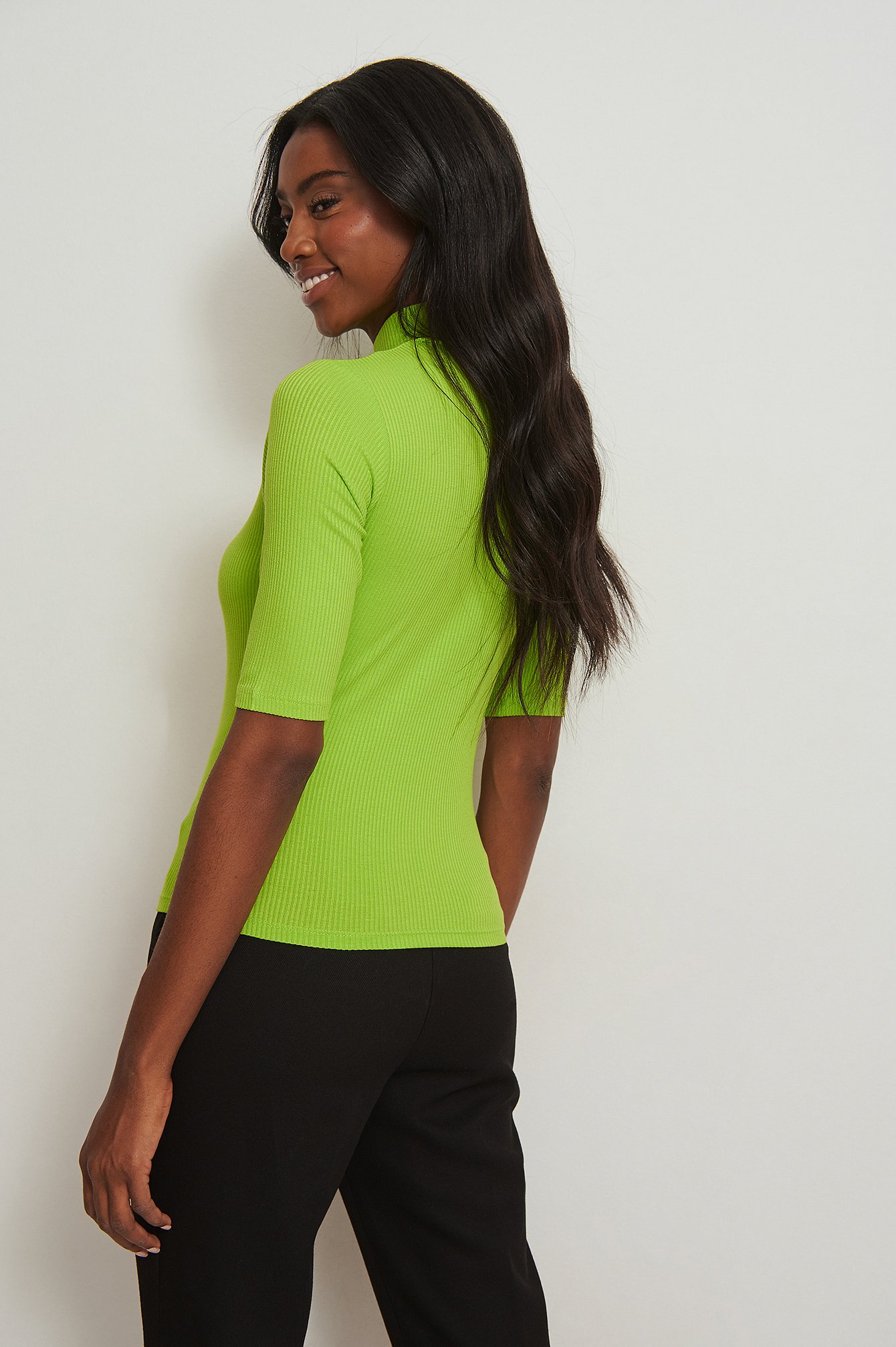 Lime High Neck Short Sleeve Ribbed Top