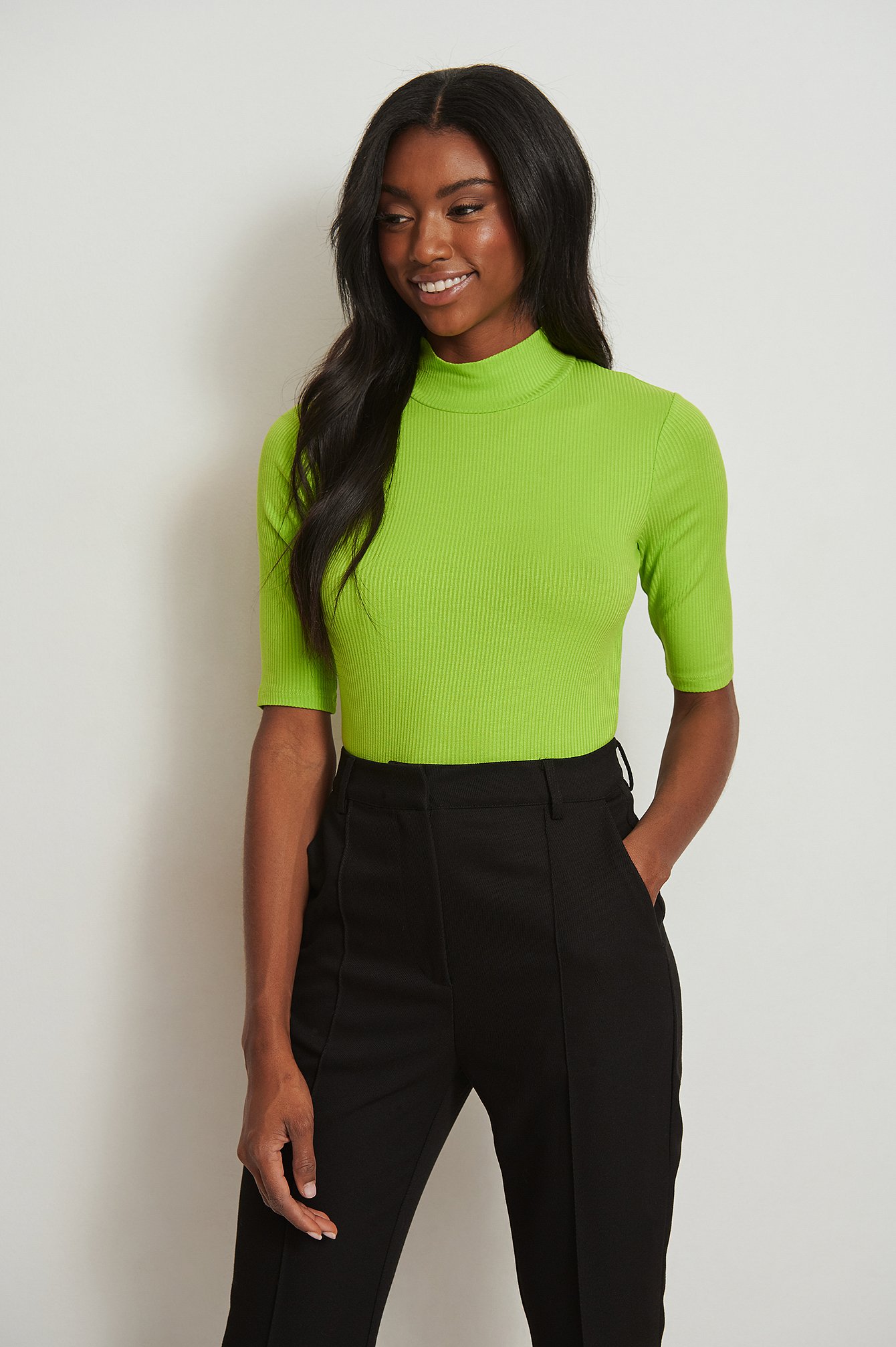 Lime High Neck Short Sleeve Ribbed Top