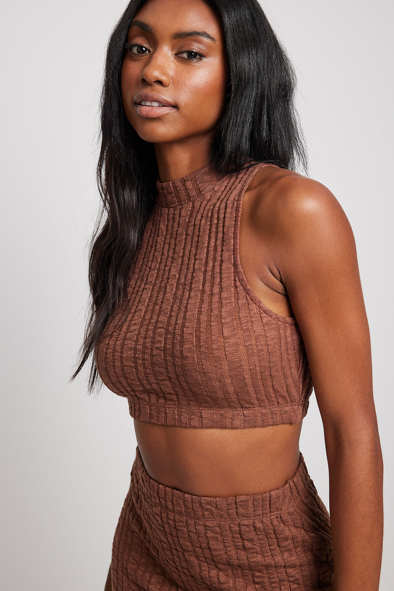 Brown High Neck Structured Top