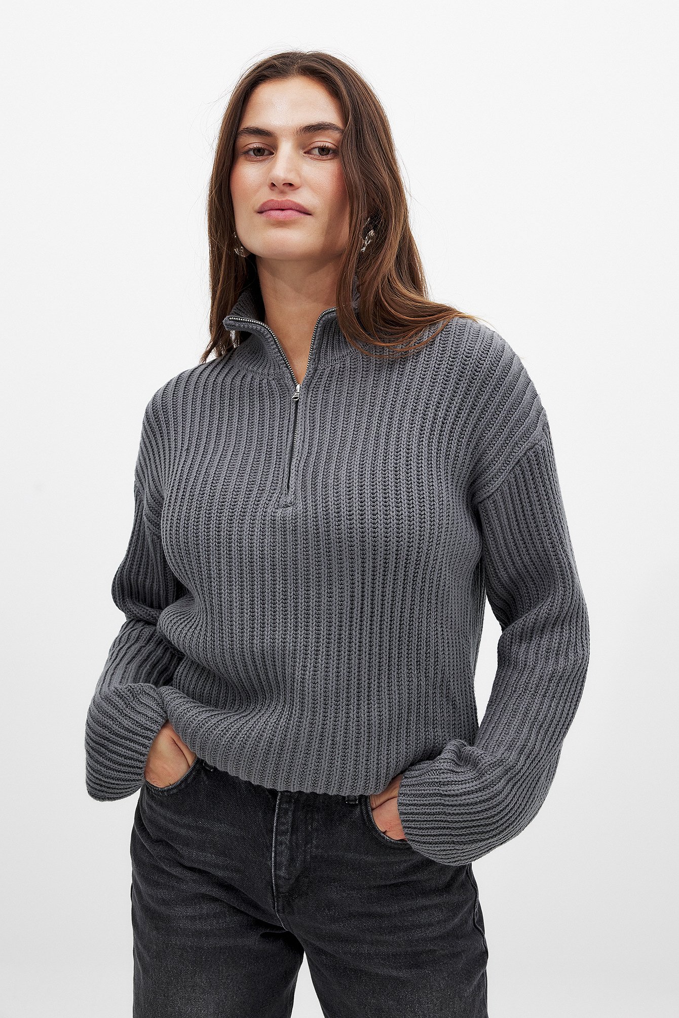 NA-KD Reißverschluss vorne Strickpullover - Weihnachtspullover - Grau - Large - NA-KD / NAKD