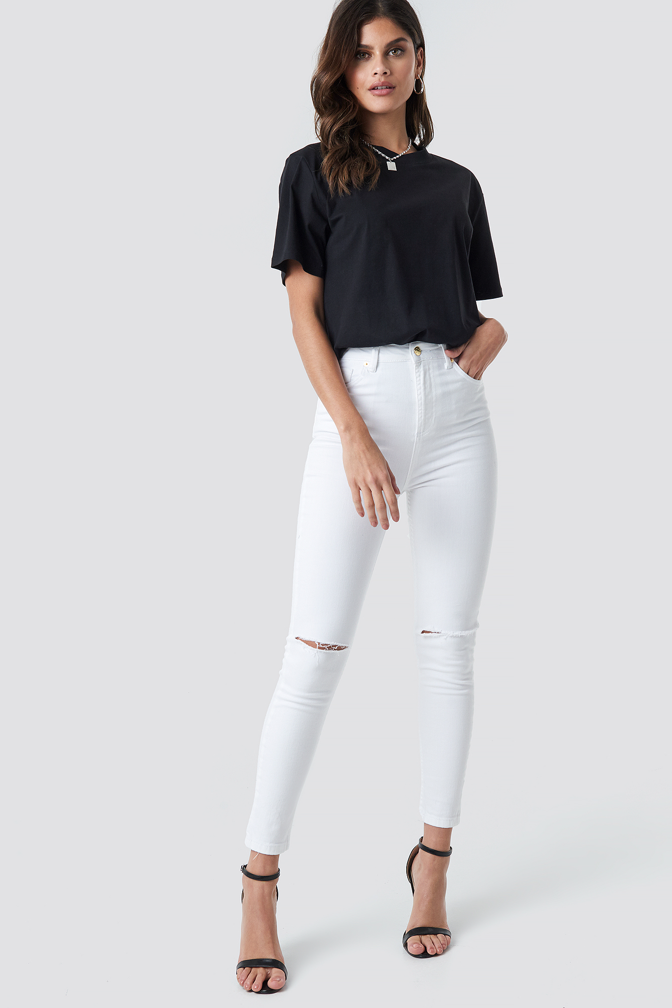 High Waist Knee Rip Super Skinny Jeans White Na Kd Com