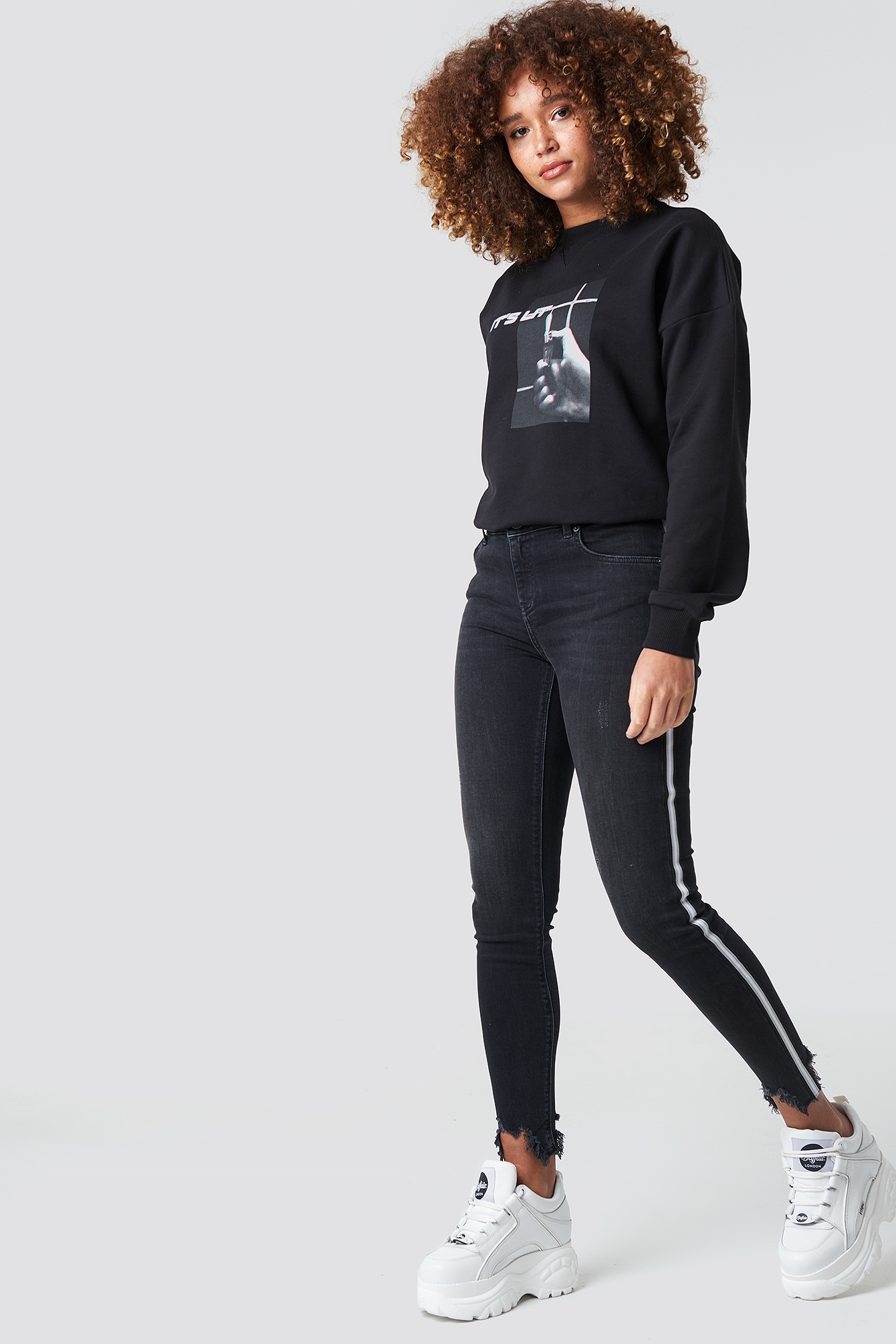 High Waist Skinny Side Details Jeans Black/White