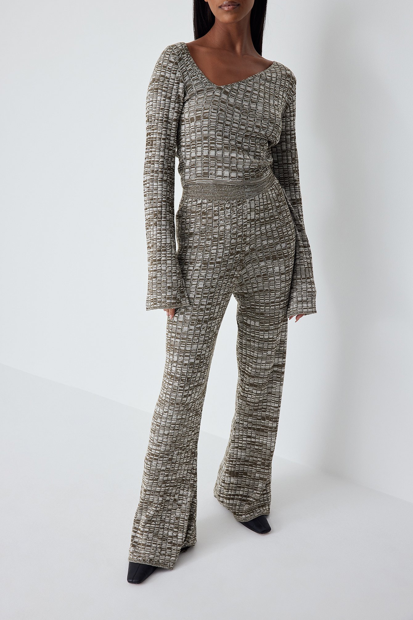 Khaki Melange-strikkede bukser med høj talje