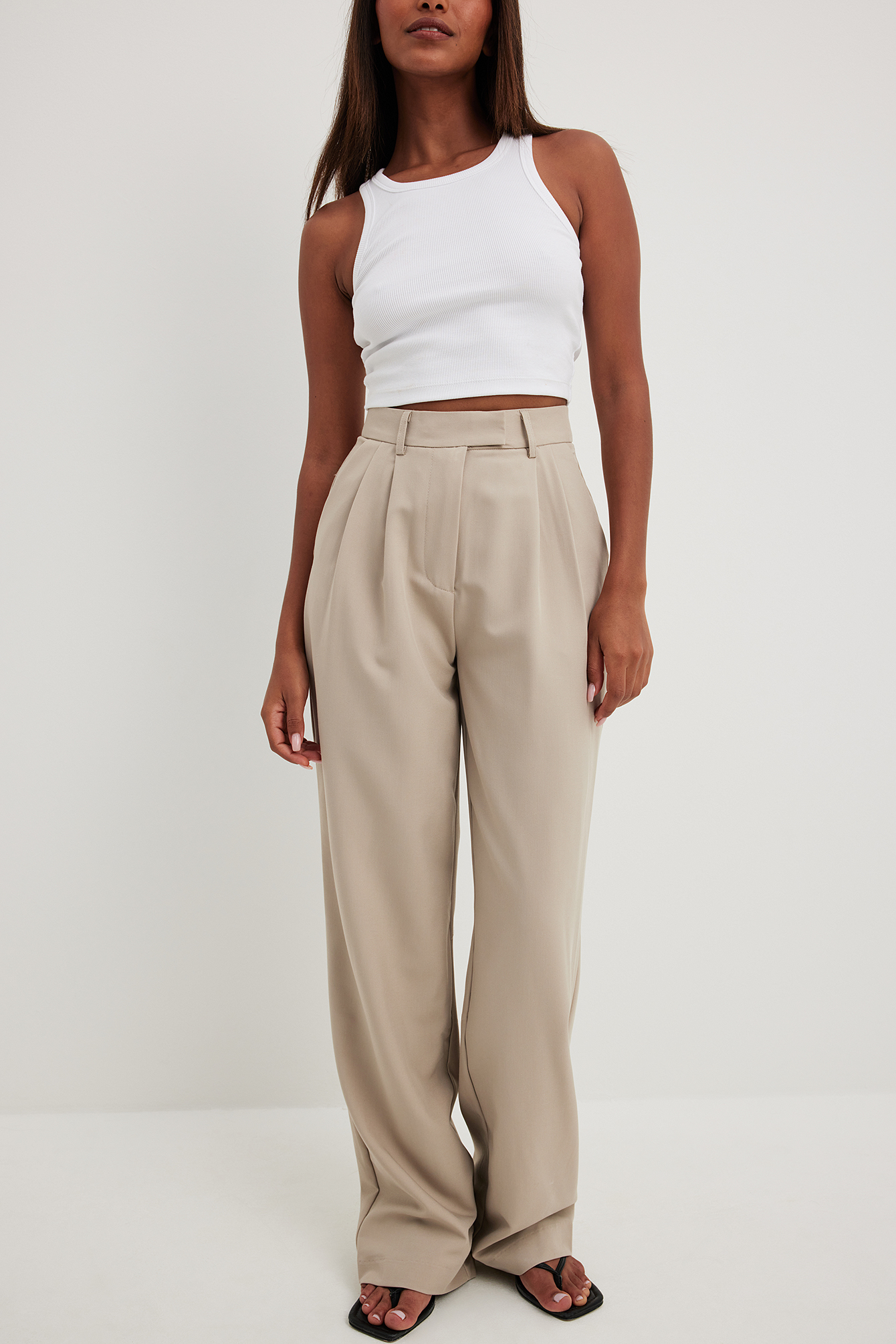 High Waist Pleated Wide Leg Pants Beige NA-KD
