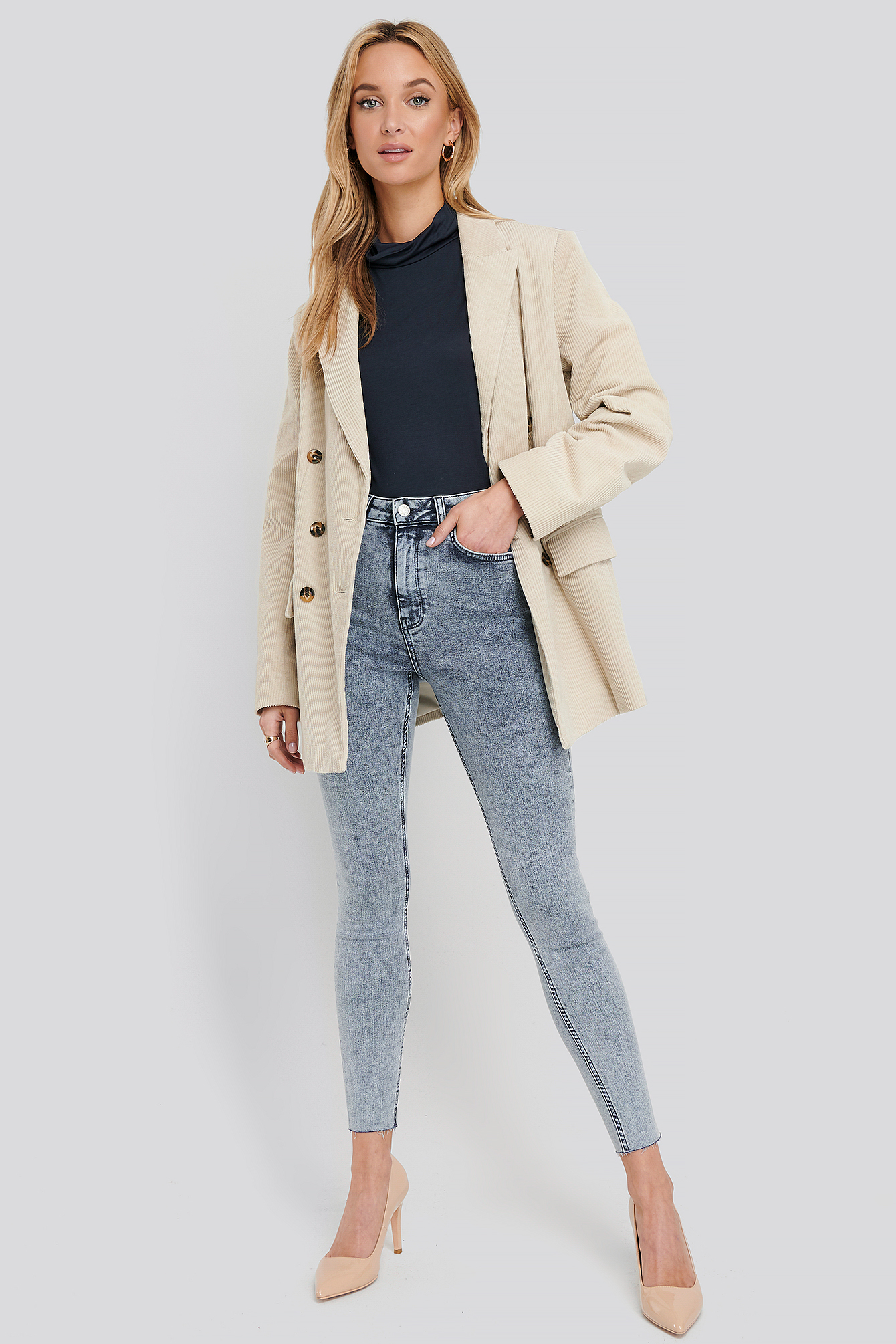 High Waist Raw Hem Skinny Jeans Blue