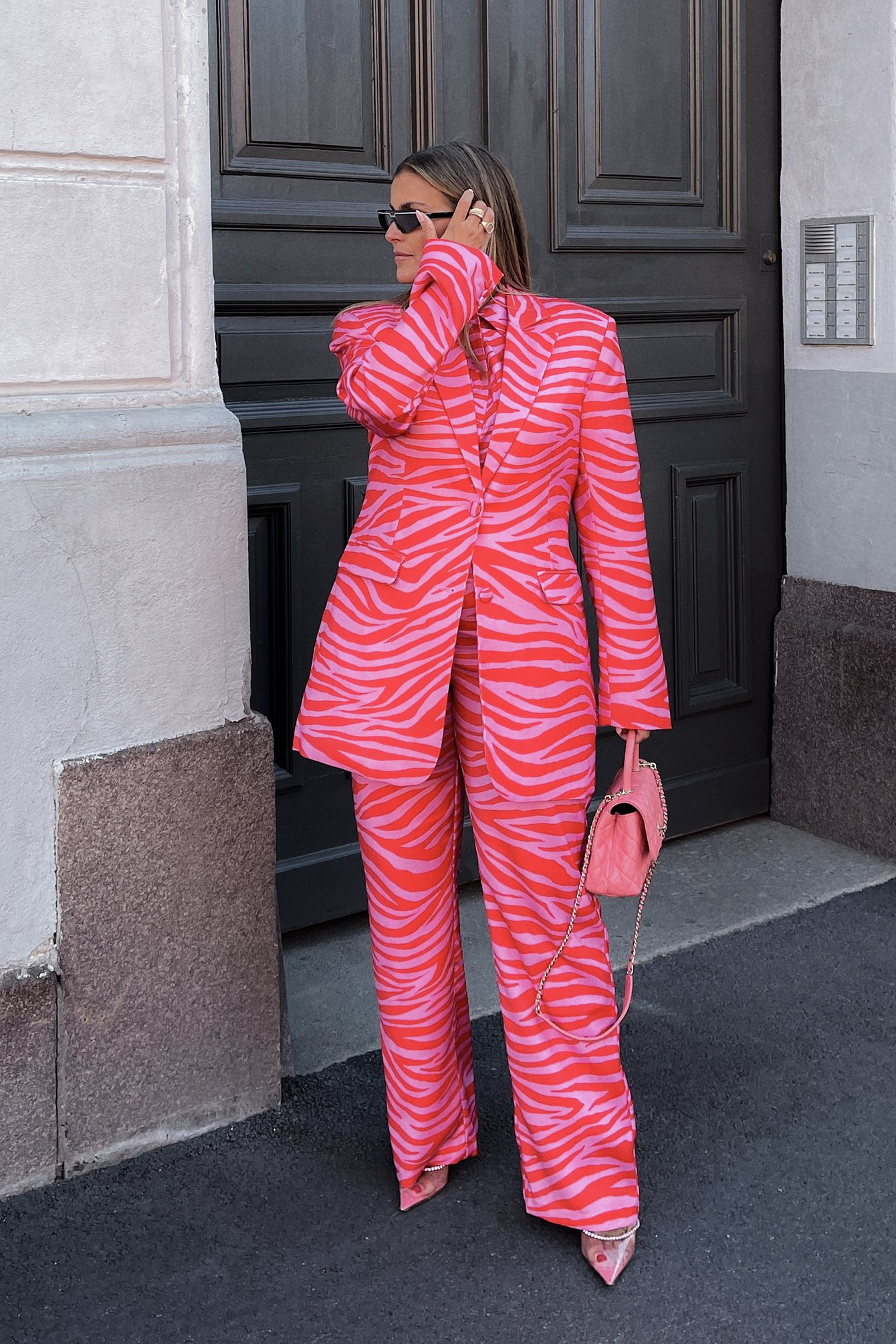 Red/Pink Zebra Rett dressbukse med høyt liv