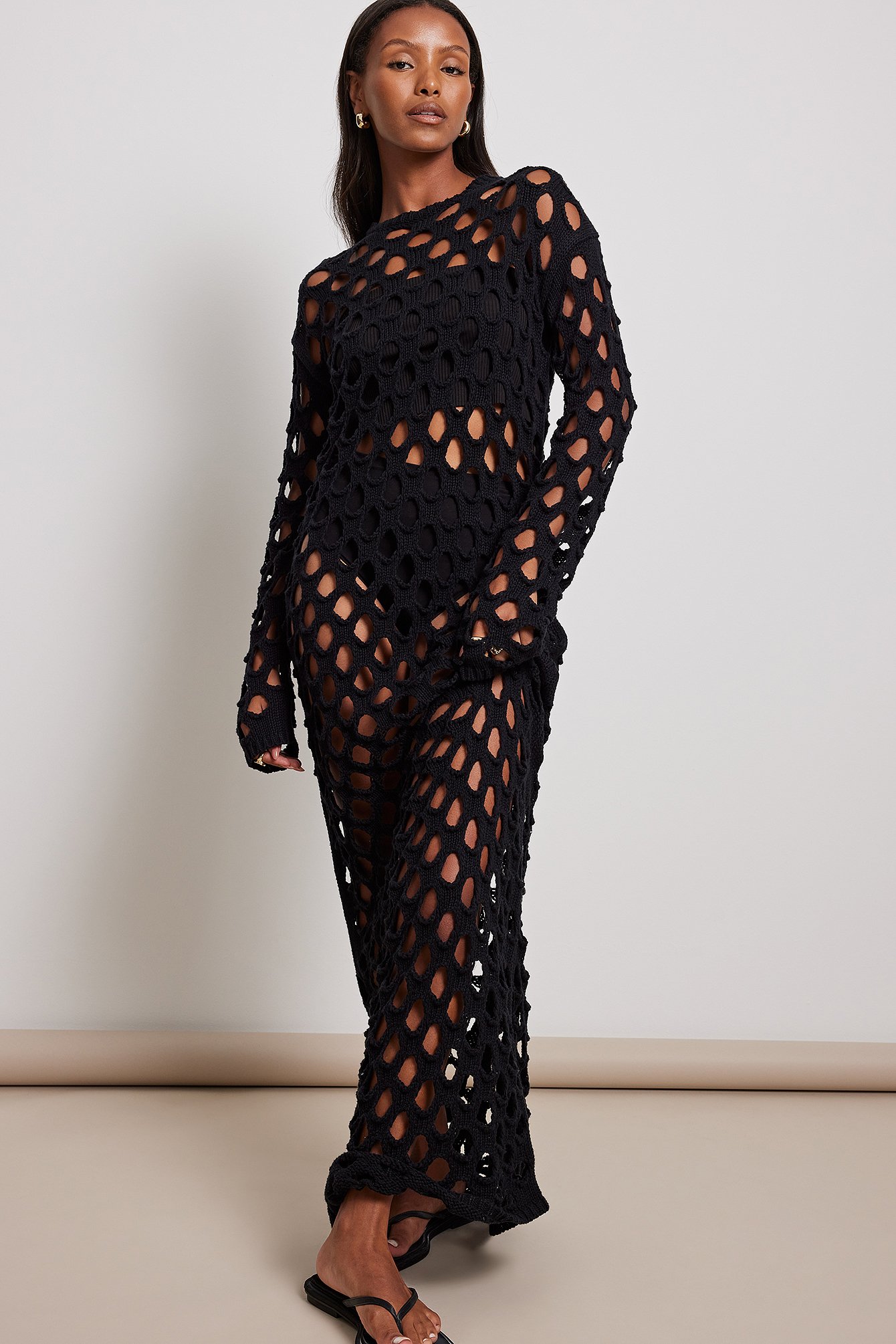 Hole Knitted Maxi Dress Black NAKD