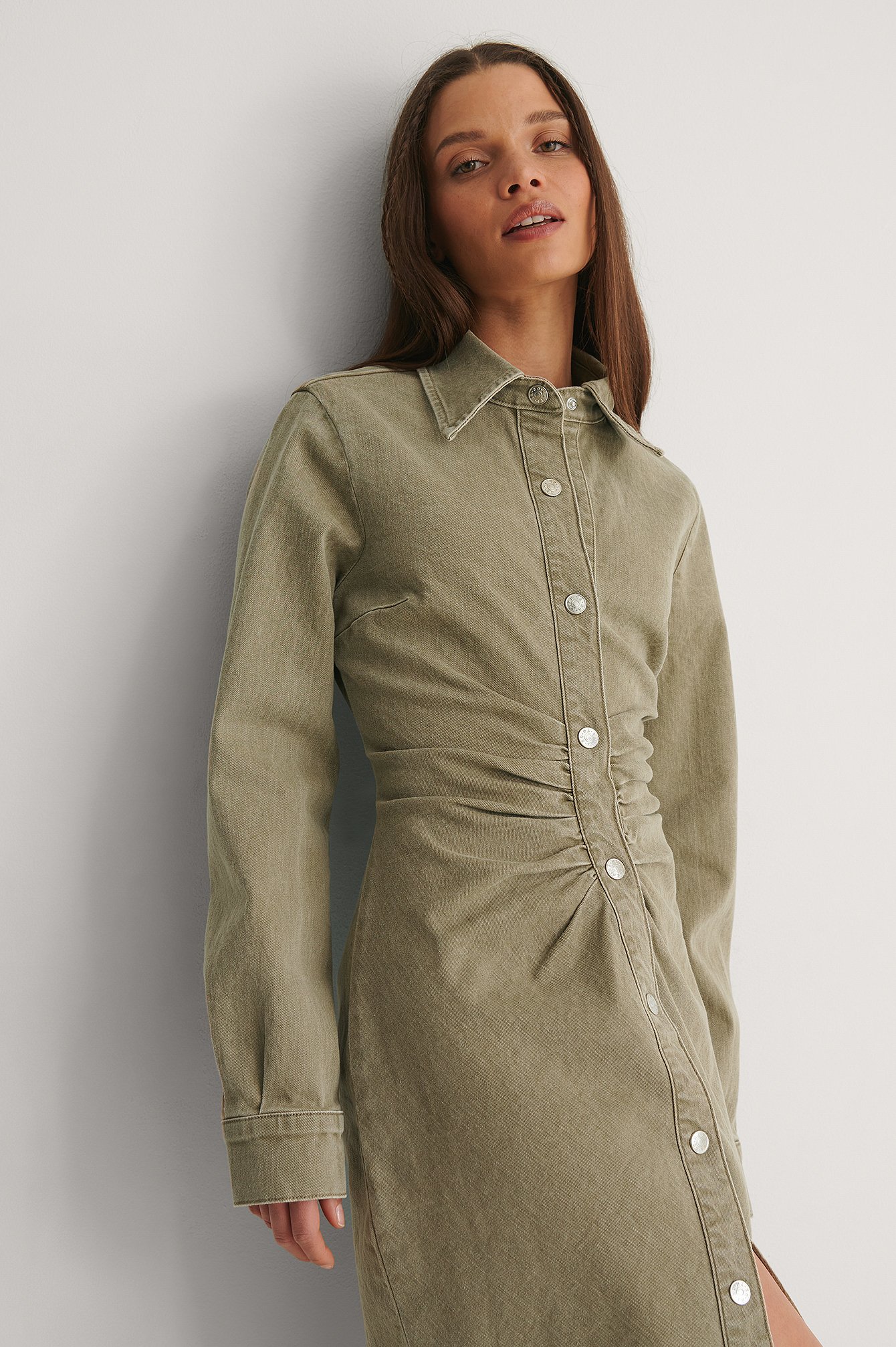 Olive Organic Ruched Colored Denim Midi Dress