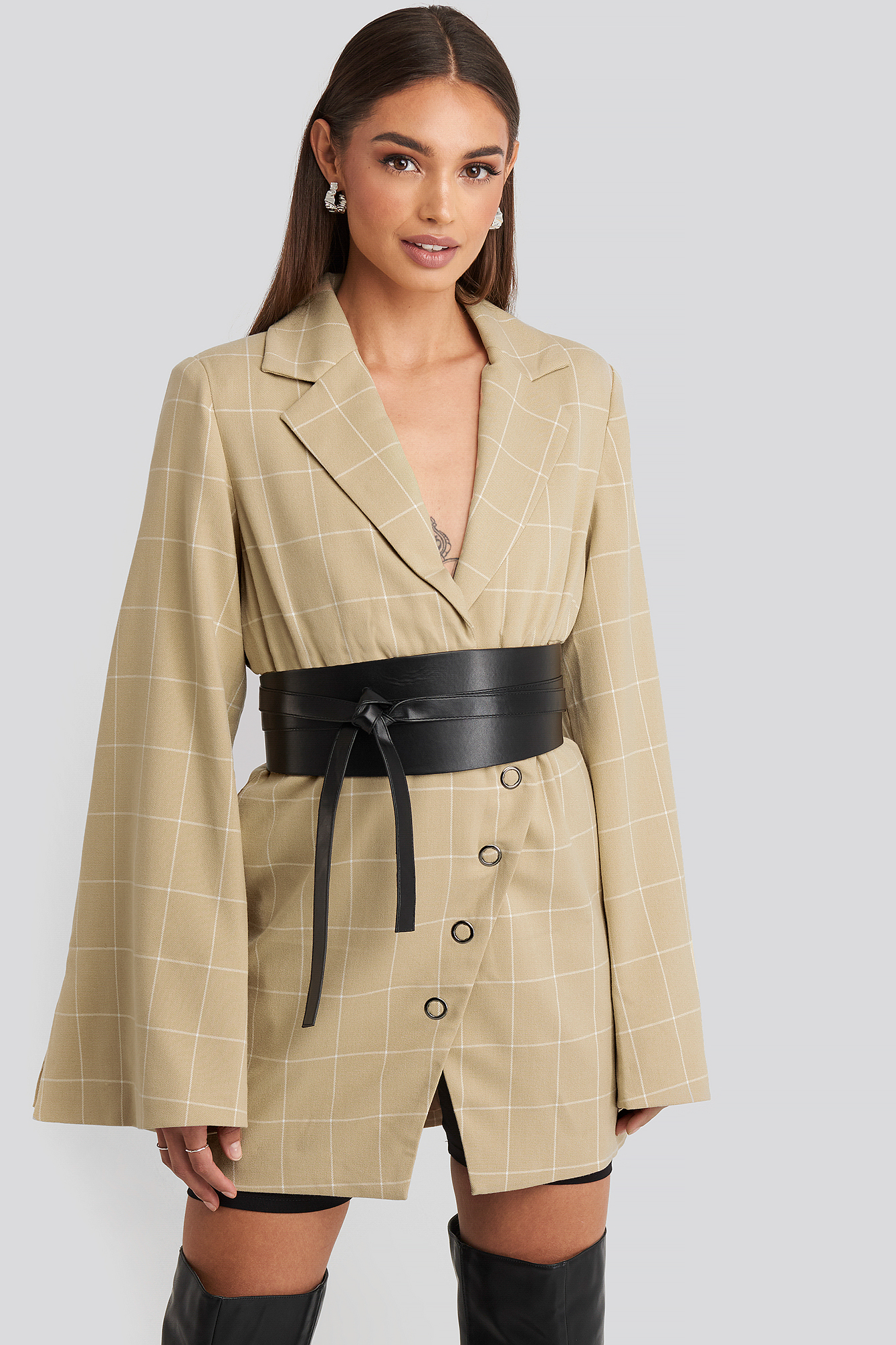 Checked Asymmetric Dress Beige