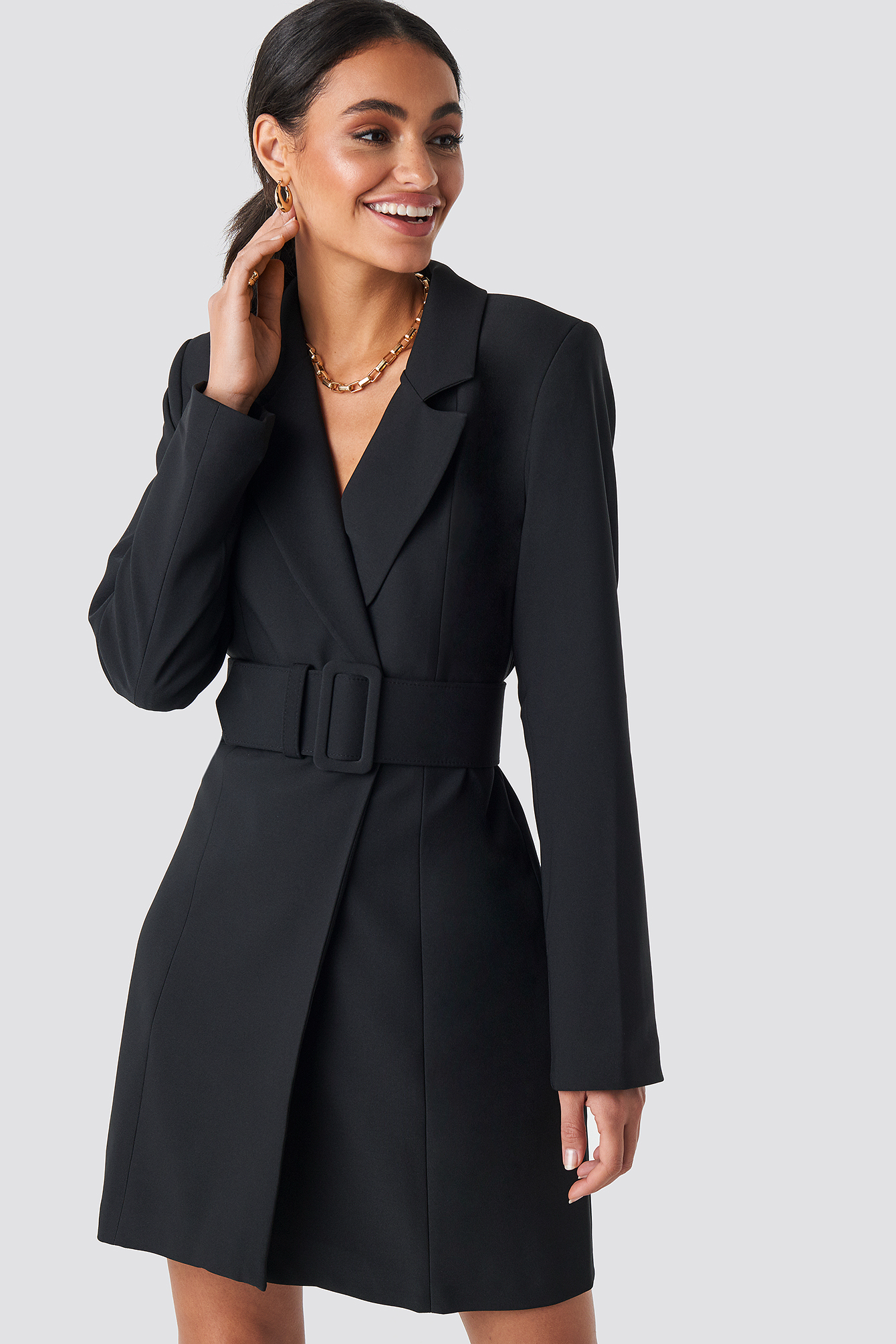 Wide Belted Blazer Dress Black