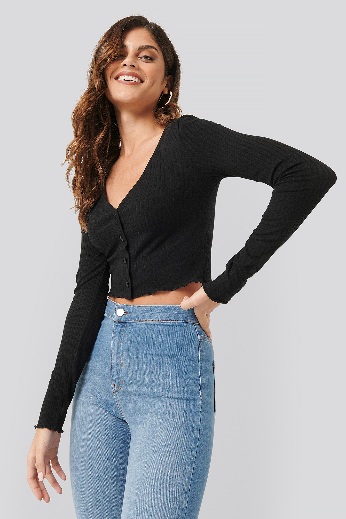 Button Detail Cropped Rib Top Black