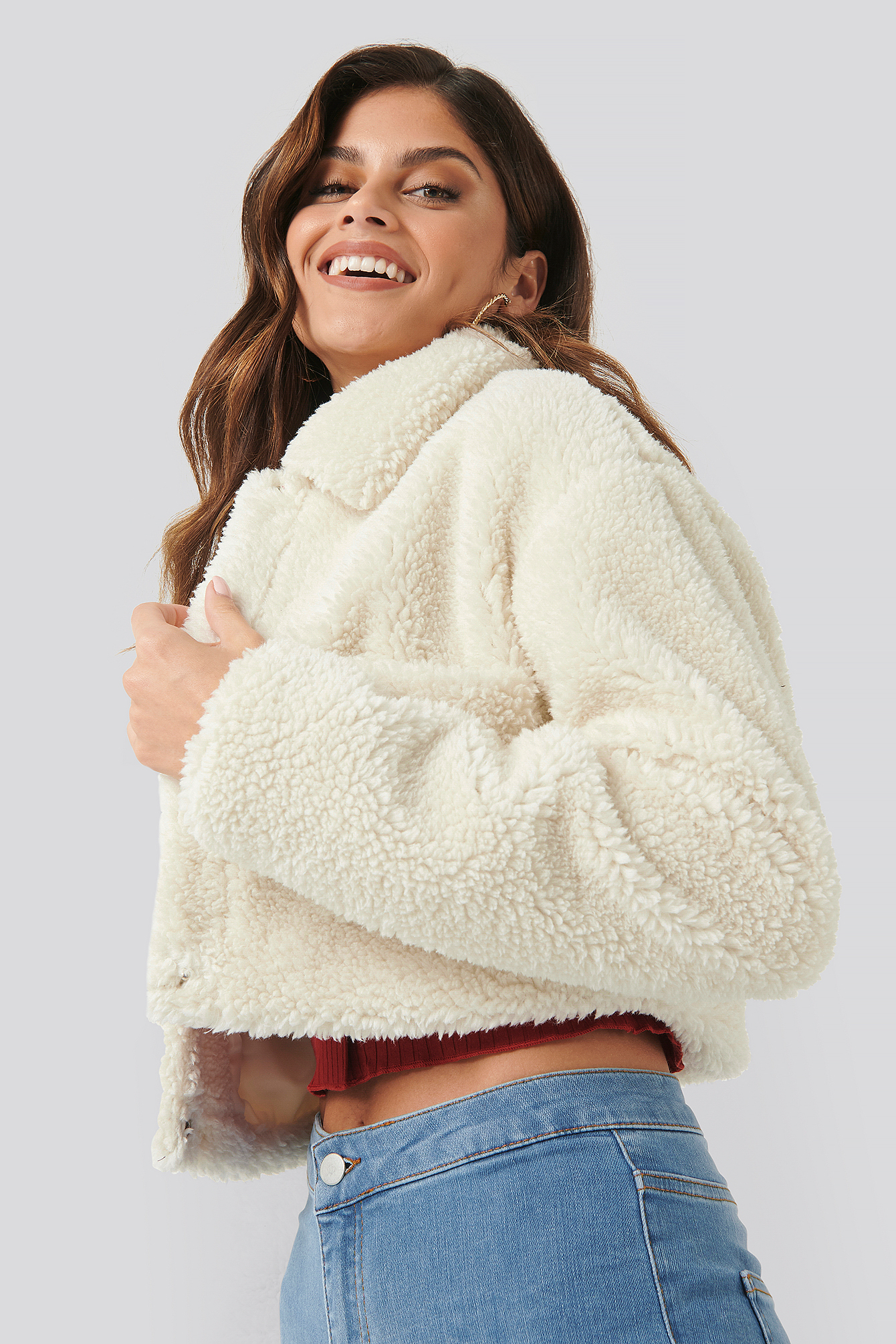 white cropped teddy jacket