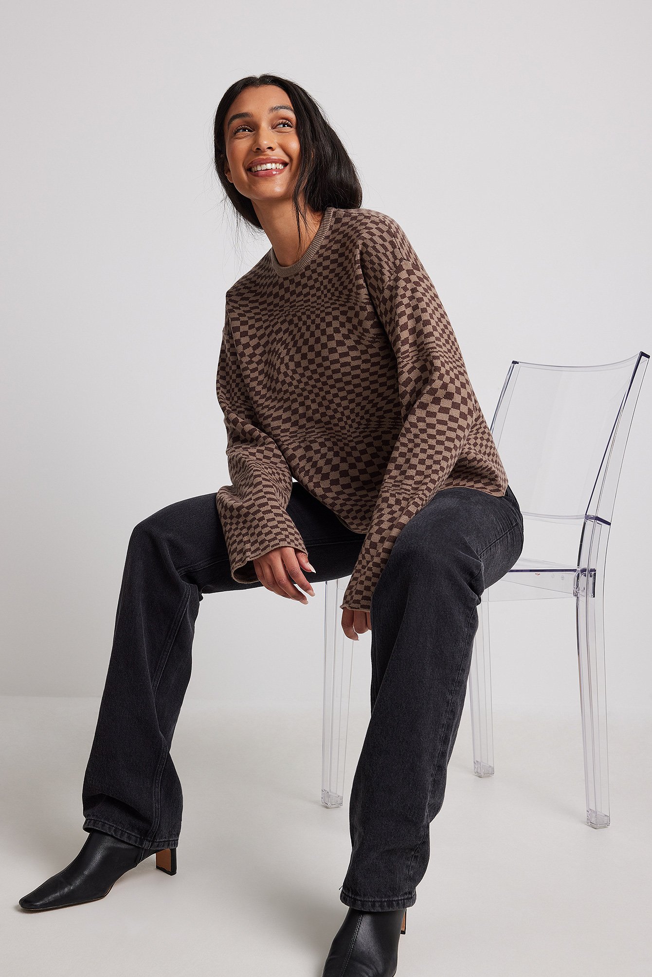 Brown Check Jacquard Knit Sweater