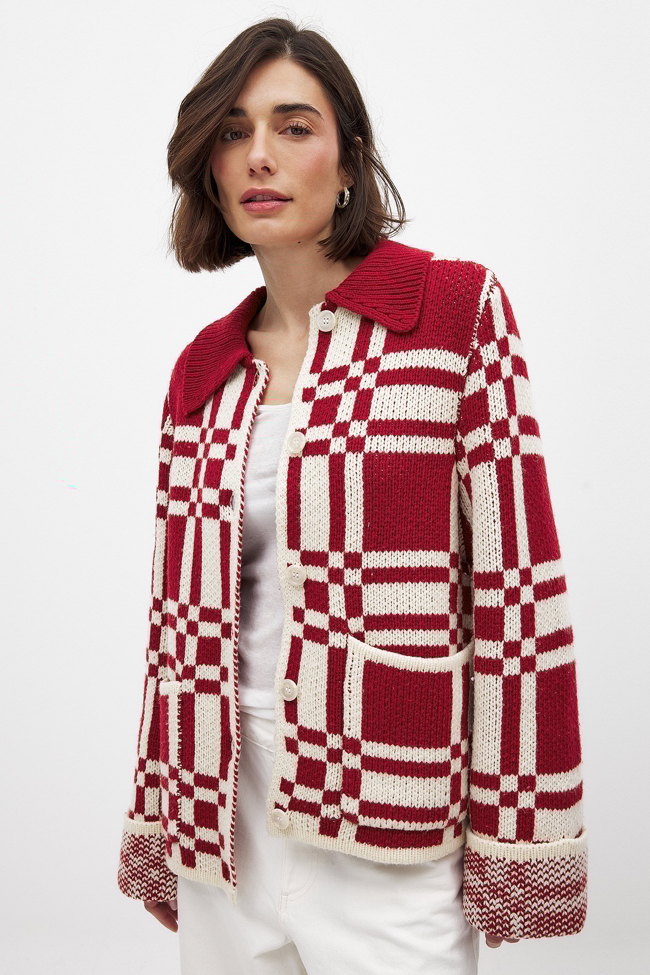 Handpicked x NA-KD Jaqcuard Cardigan - Cardigans - Red,Checkered - S (EU 34-36) - NA-KD / NAKD