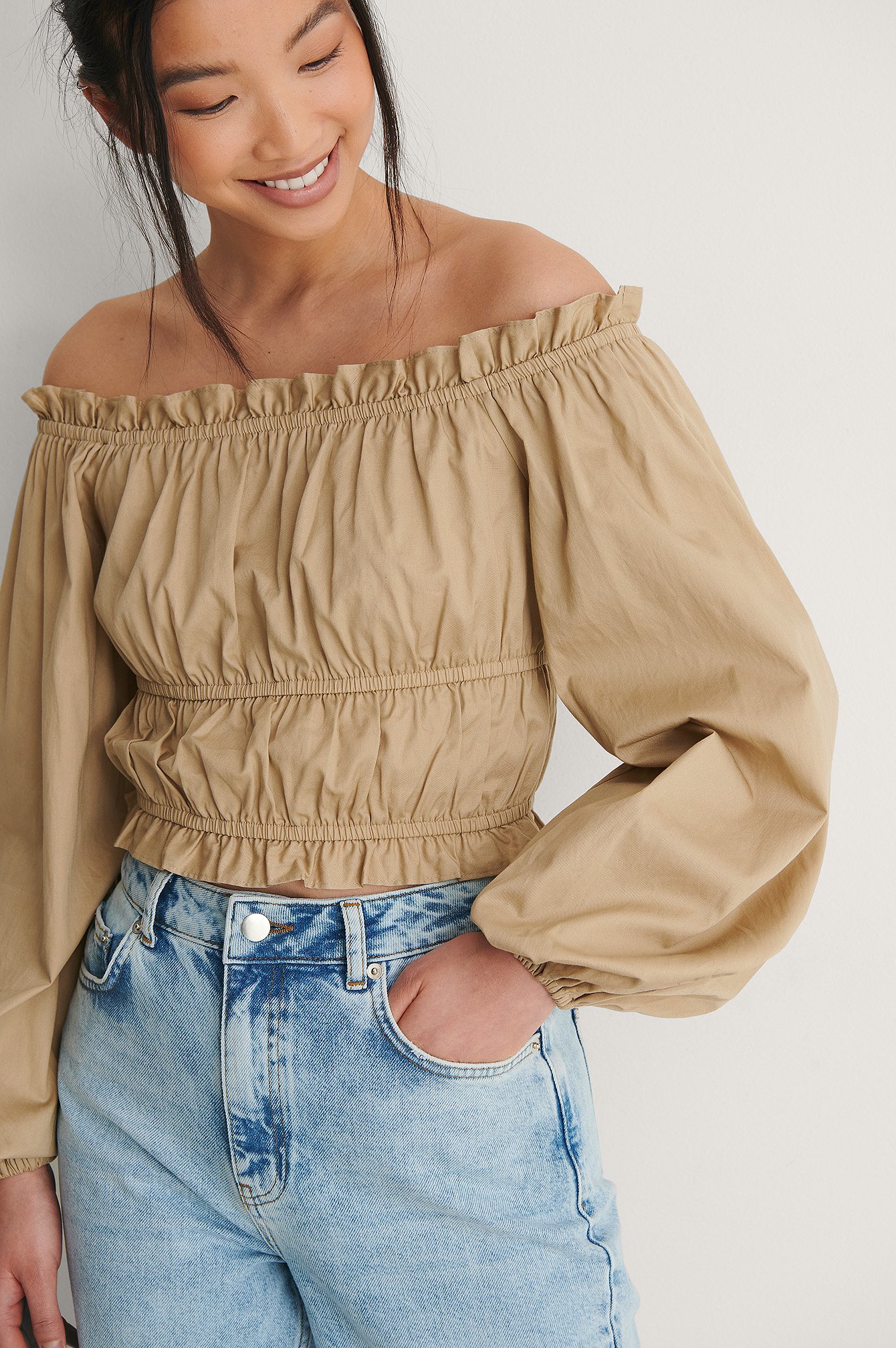 Beige Off Shoulder Recycle Ruched Blouse