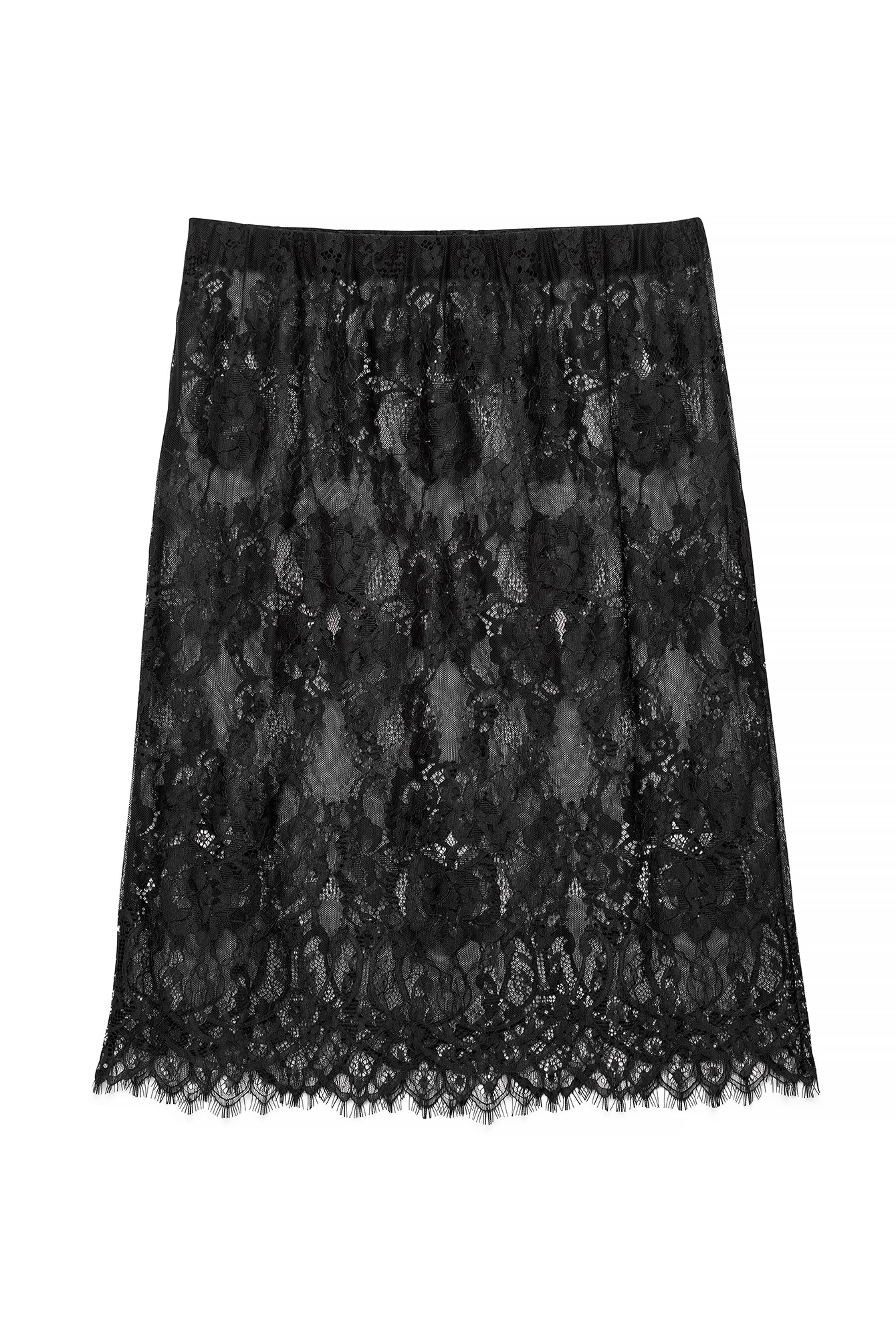 Black Jersey Pencil Lace Midi Skirt