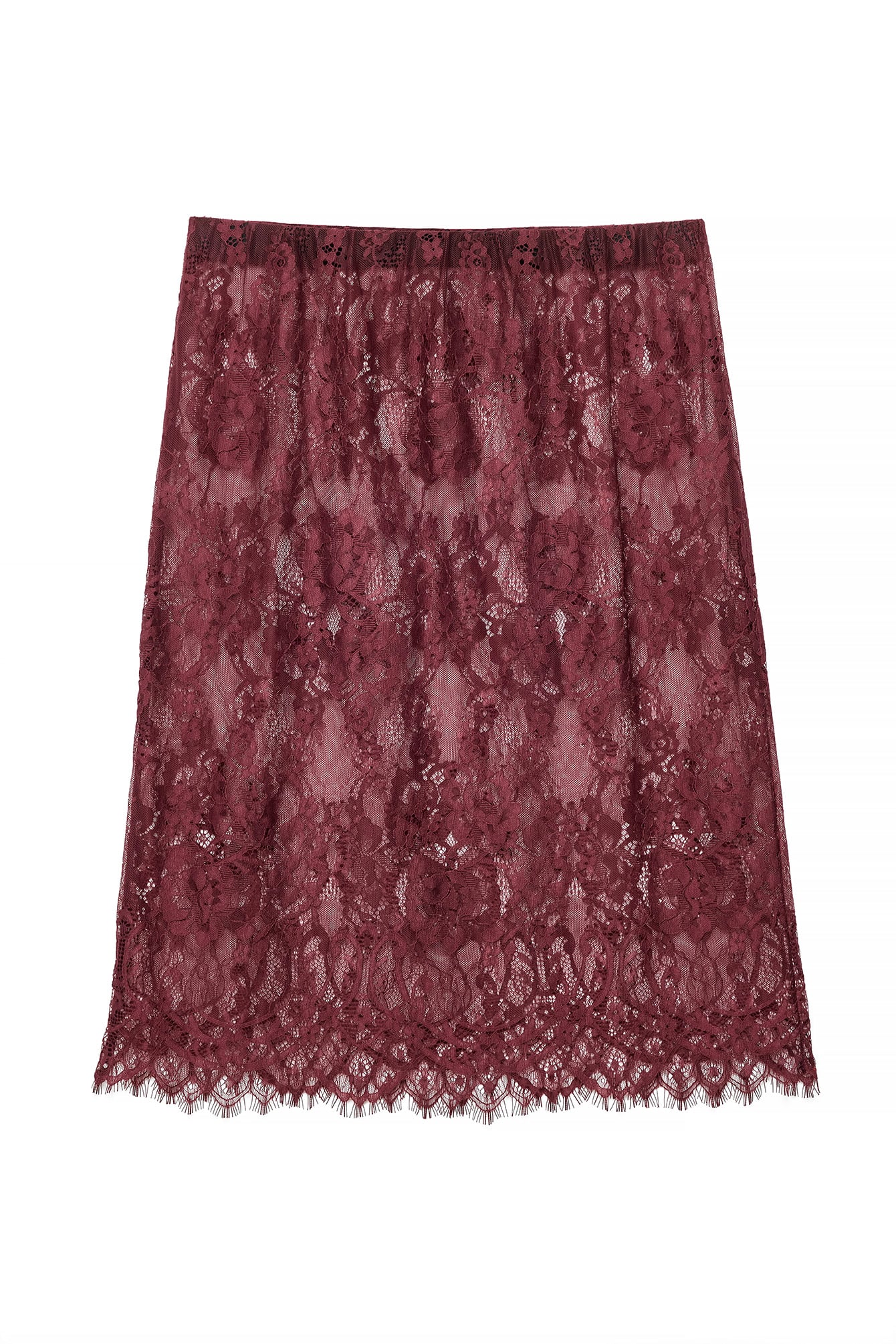Burgundy Jersey Pencil Lace Midi Skirt