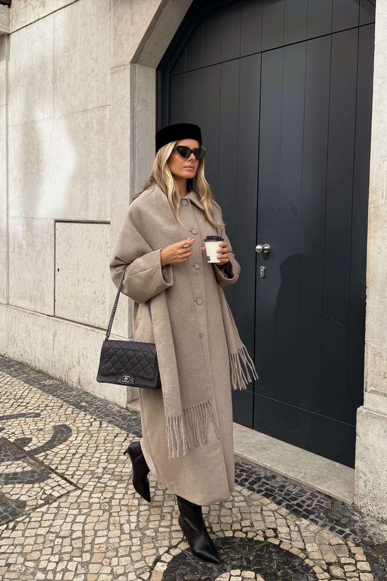 digne ディニュthrow shawl coat - khakiストール Wool Blend Scarf Detail Long Coat Beige | NA-KD