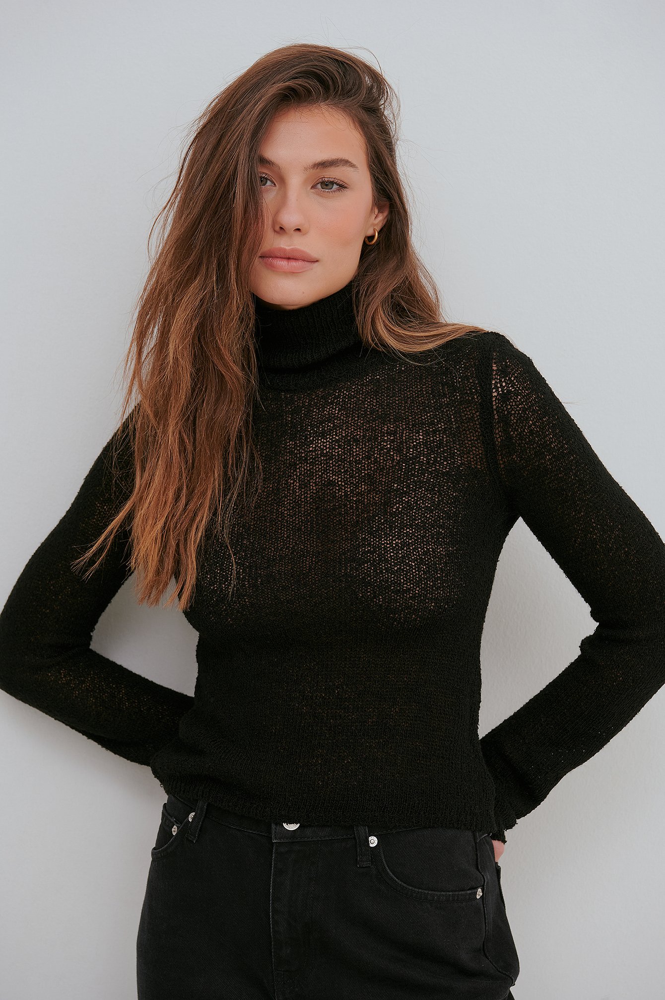 Black Loose Knitted Turtle Neck Top