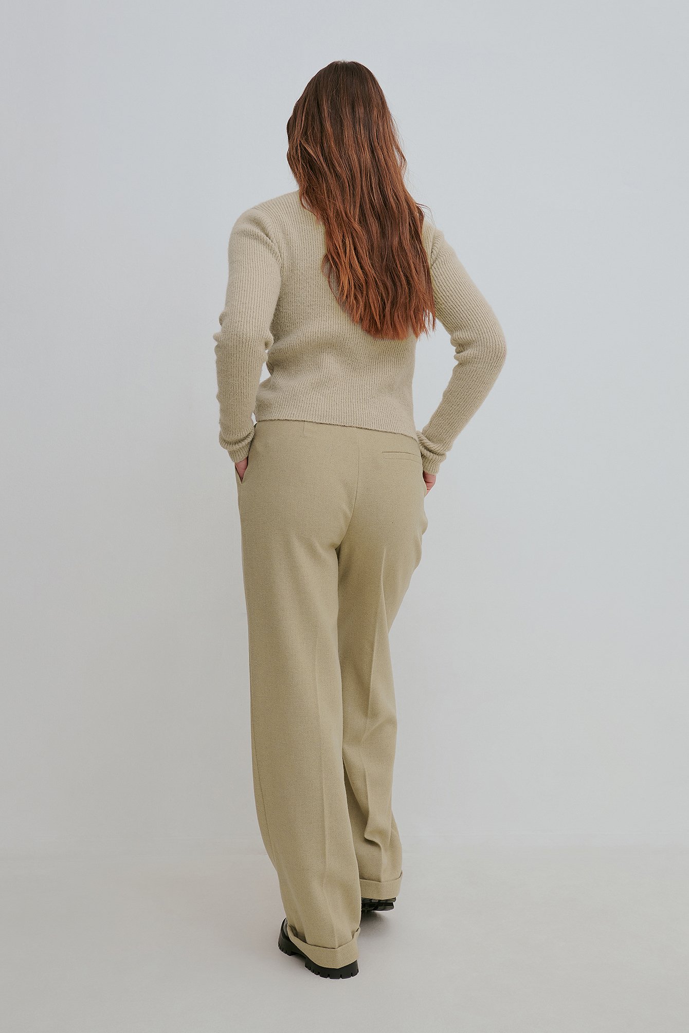 Greige Wool Straight Suit Pants