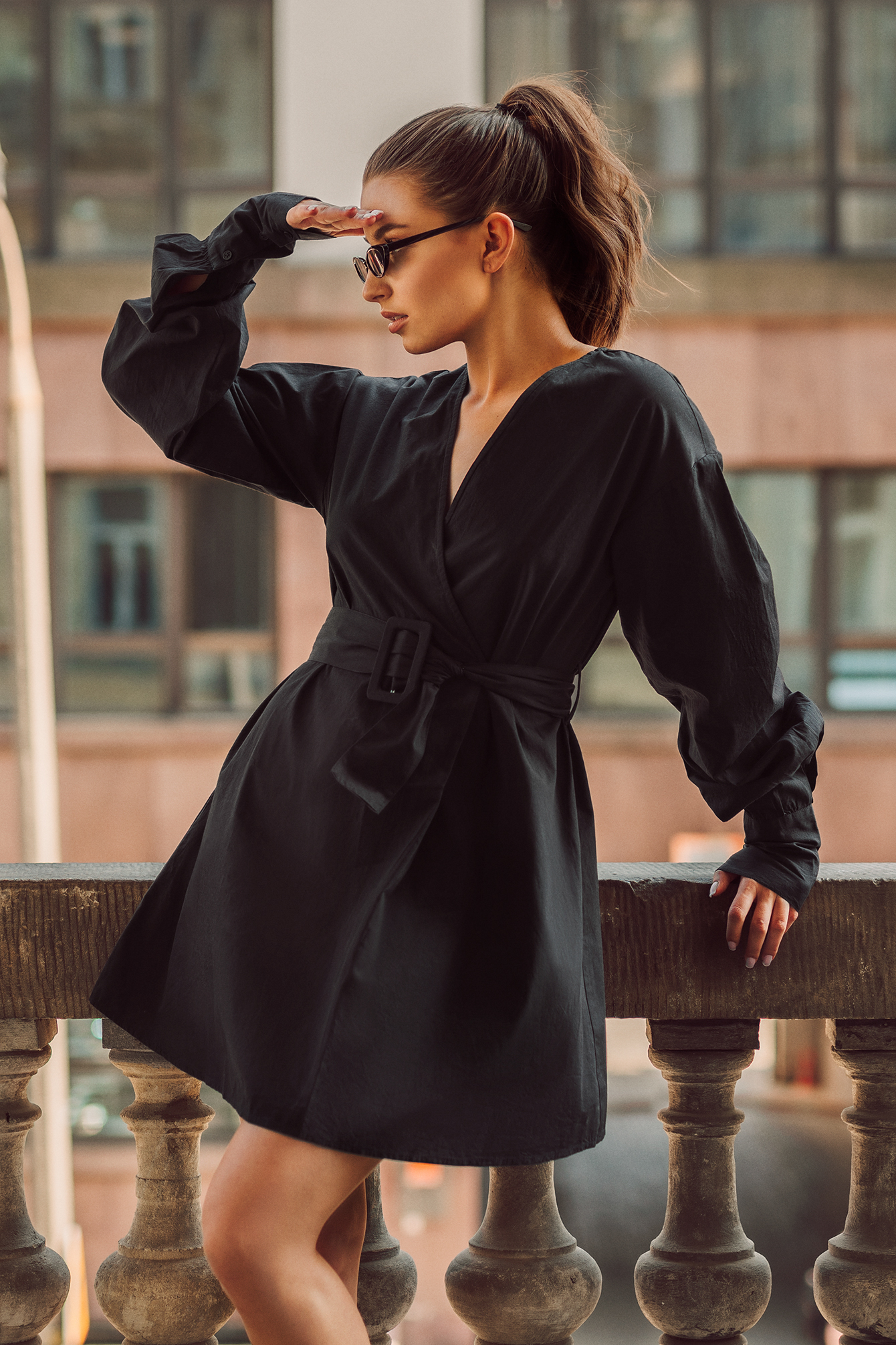 Belted Long Sleeve Shirt Dress Black 