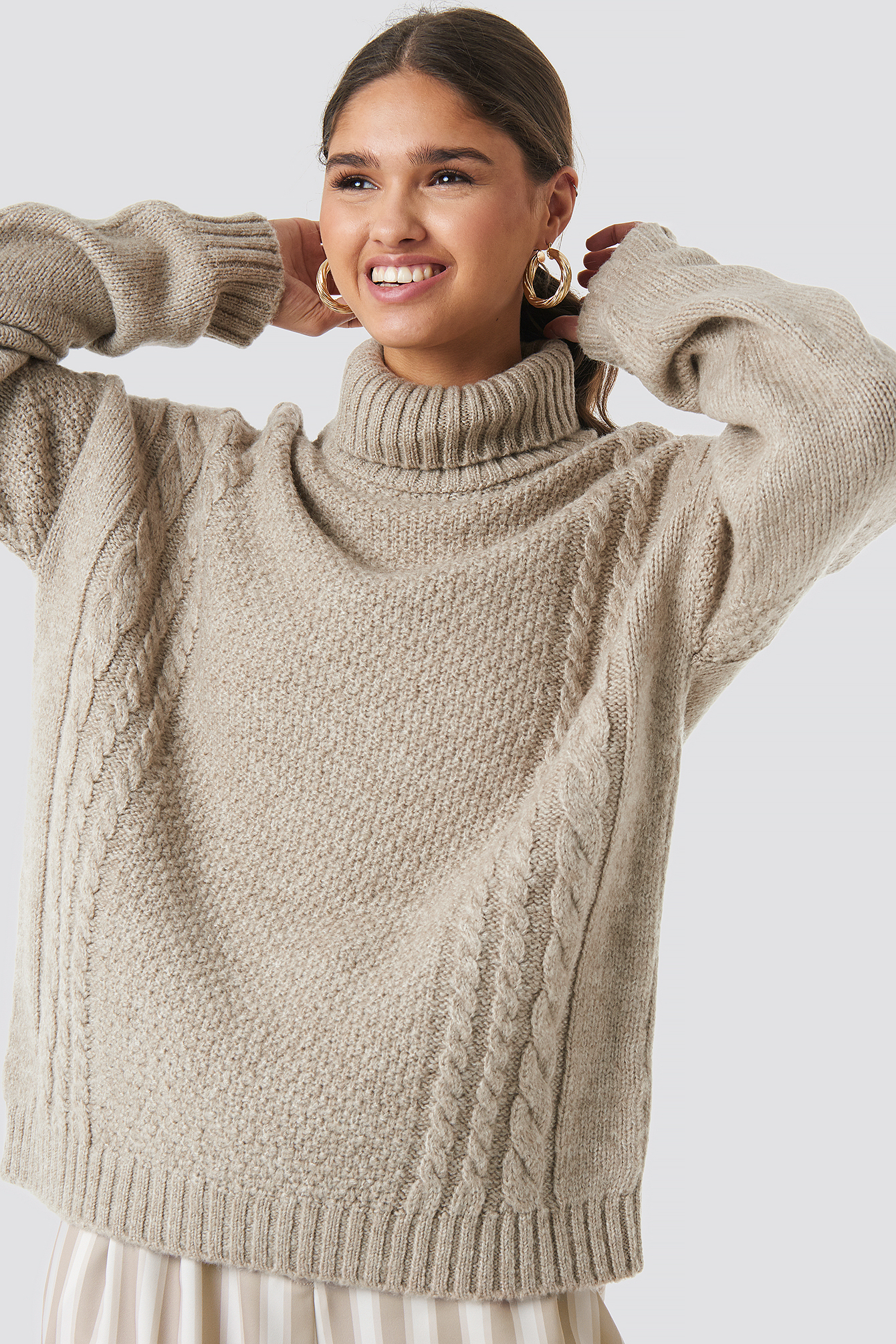 Cable Knit Turtleneck Sweater Beige