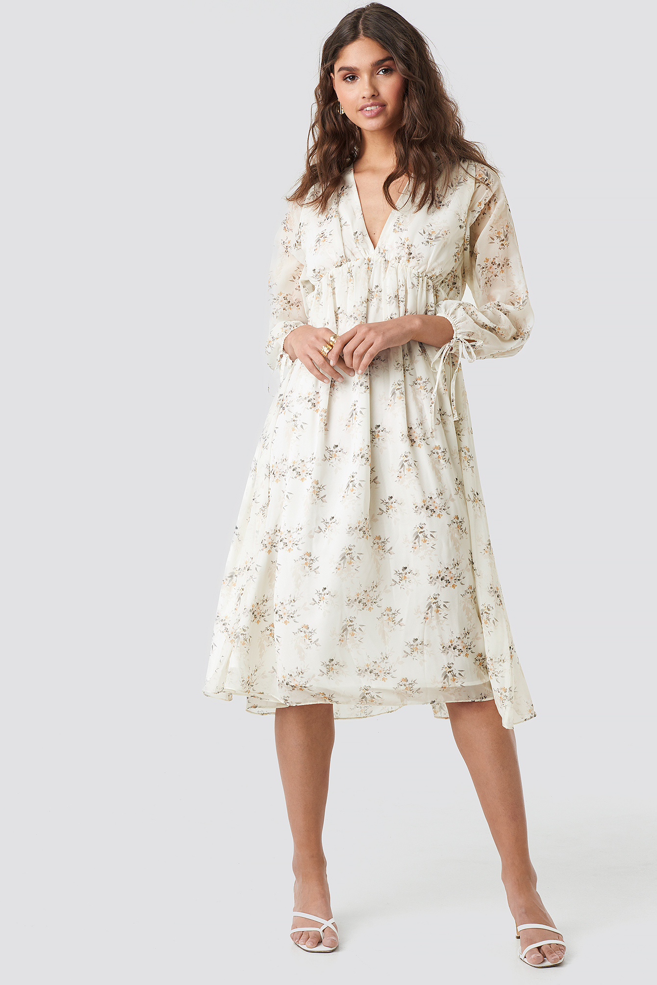 KAE SUTHERLAND X NA-KD FLORAL DEEP V NECK MIDI DRESS - WHITE
