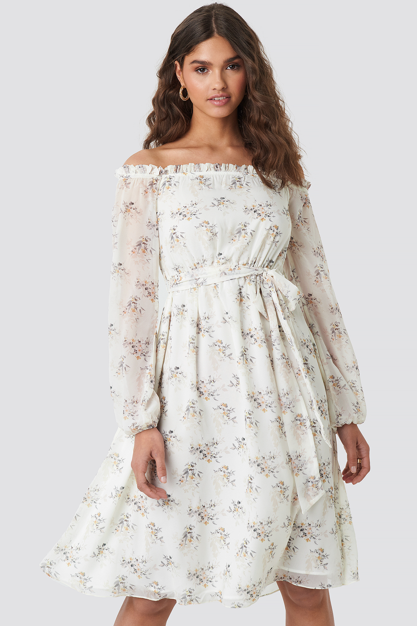 Off Shoulder Midi Dress Multi Floral Print