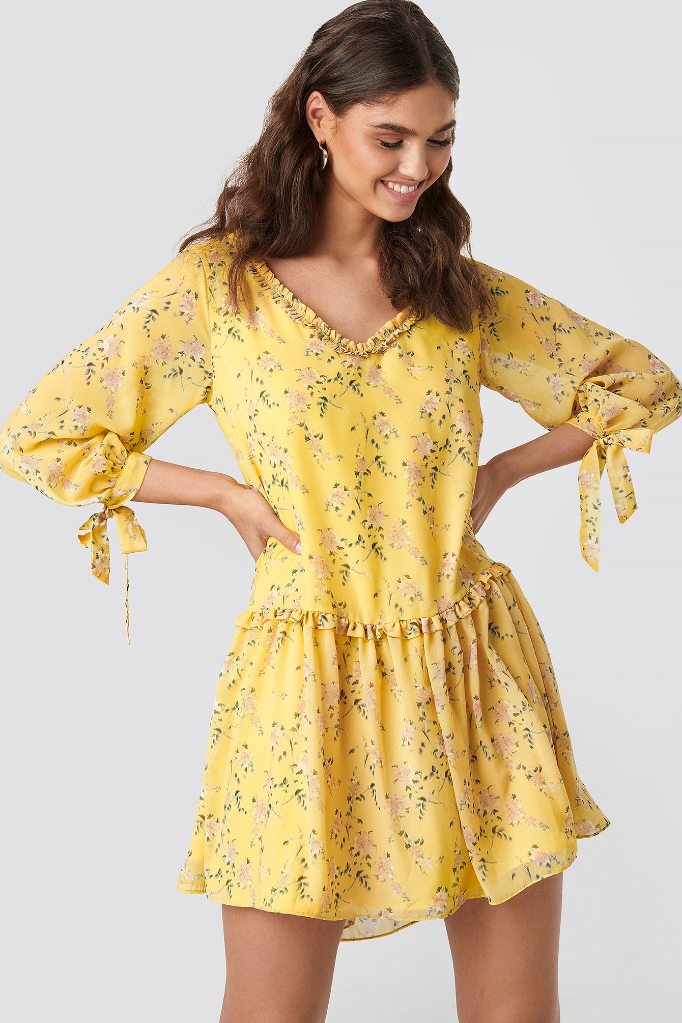 Yellow Flower Ruffle V Neck Mini Dress