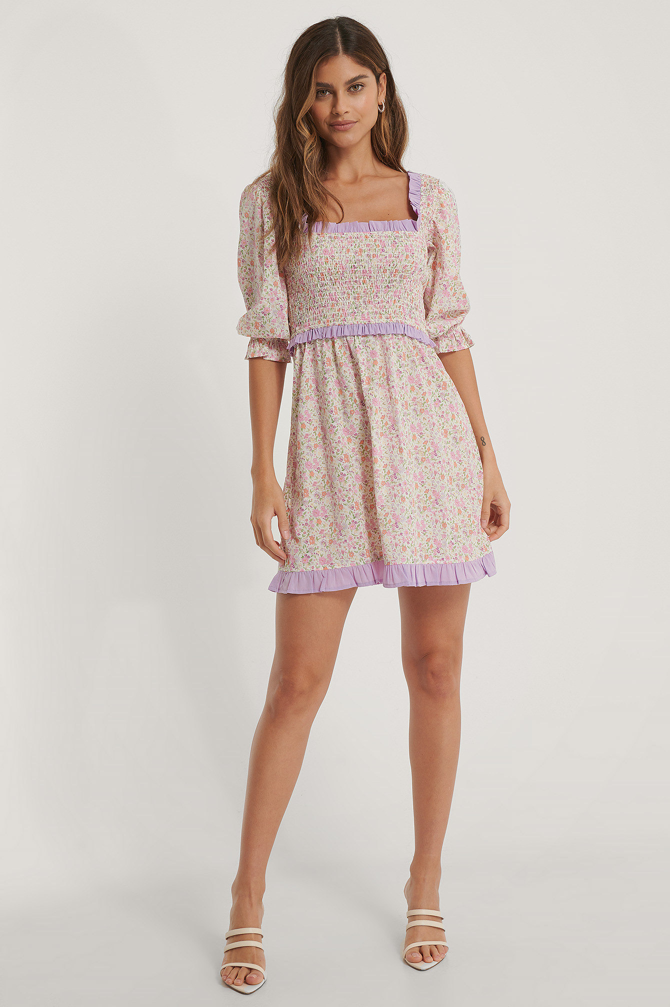 Smock Square Neck Mini Dress Flower 
