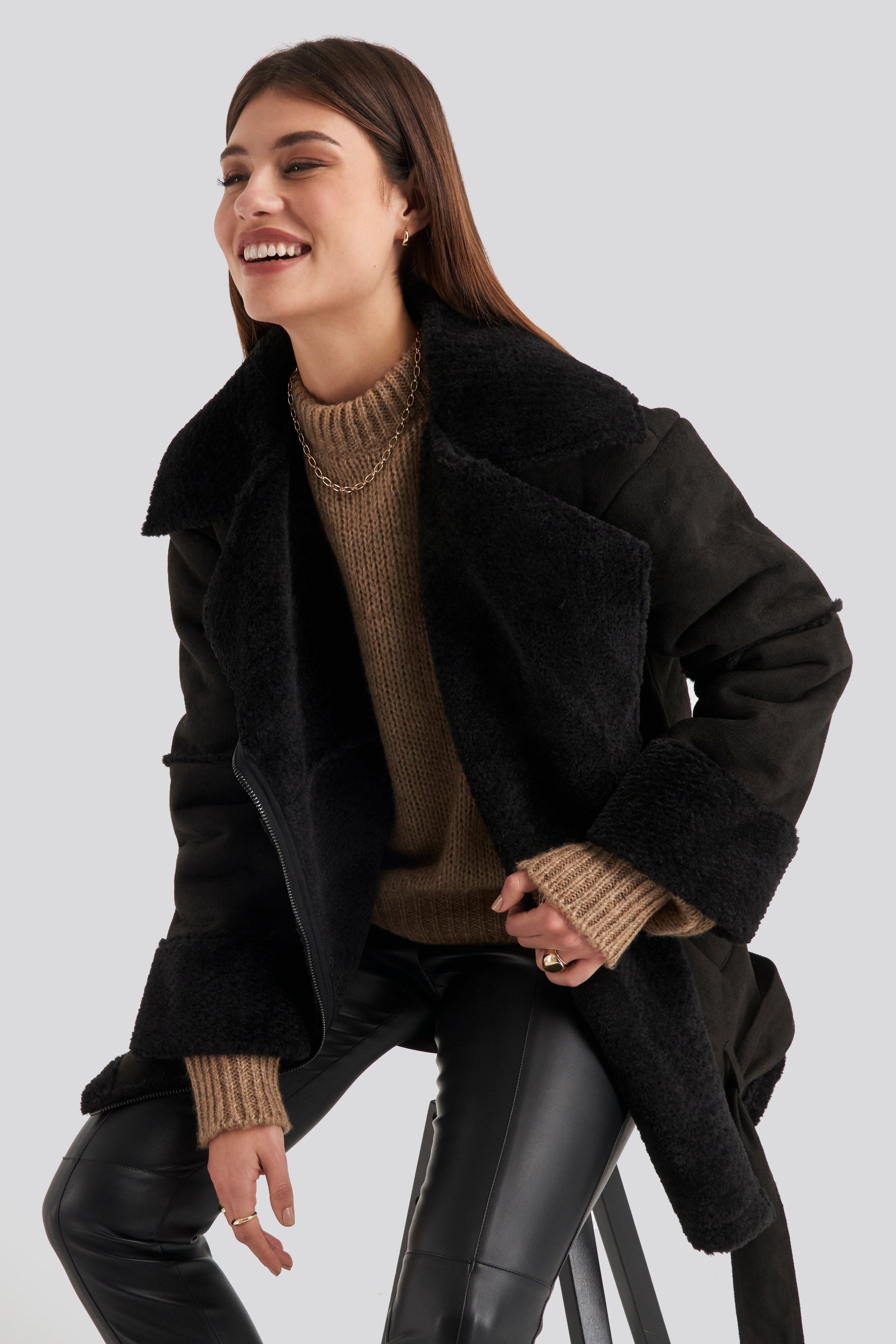 belted aviator jacket black