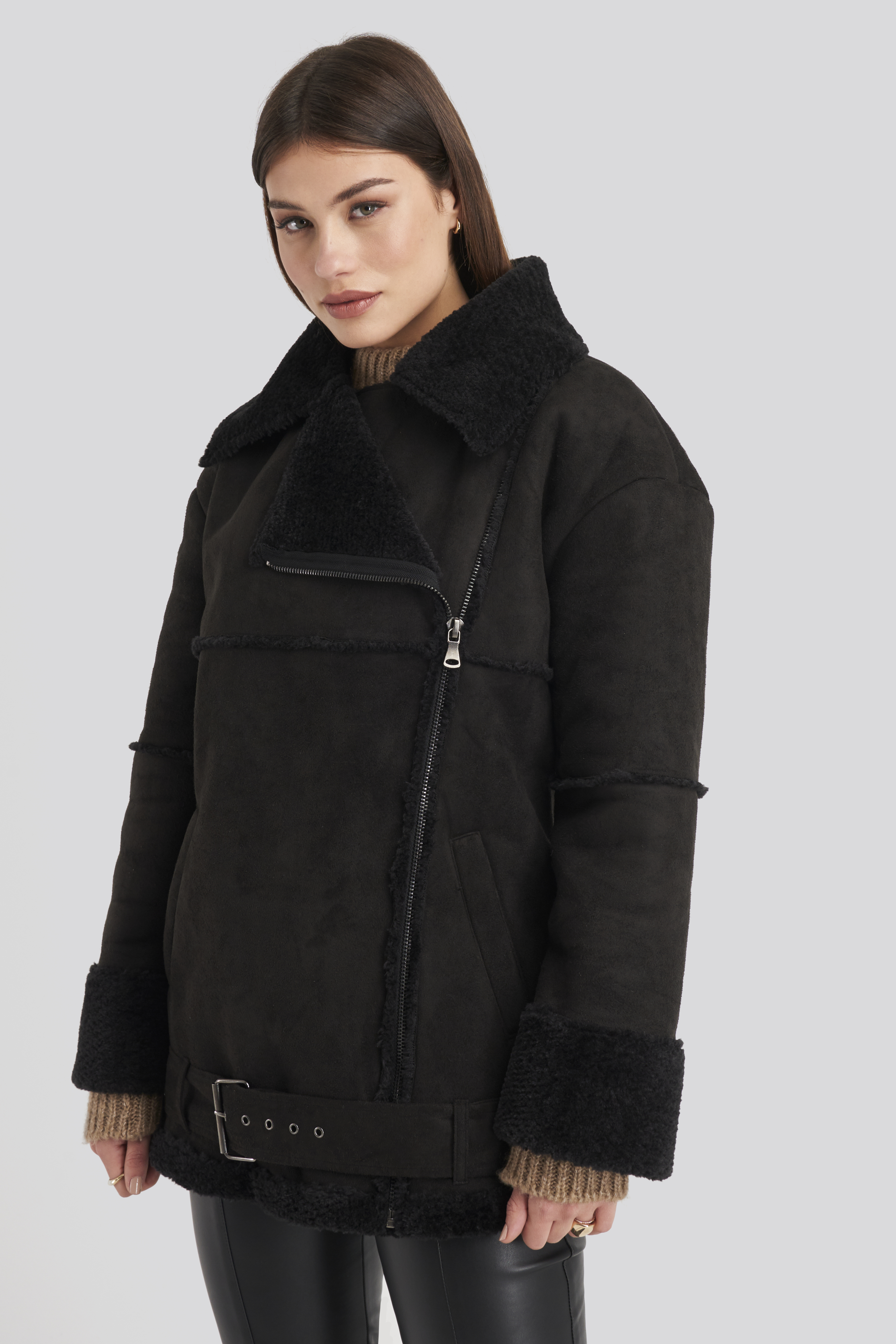 belted aviator jacket black