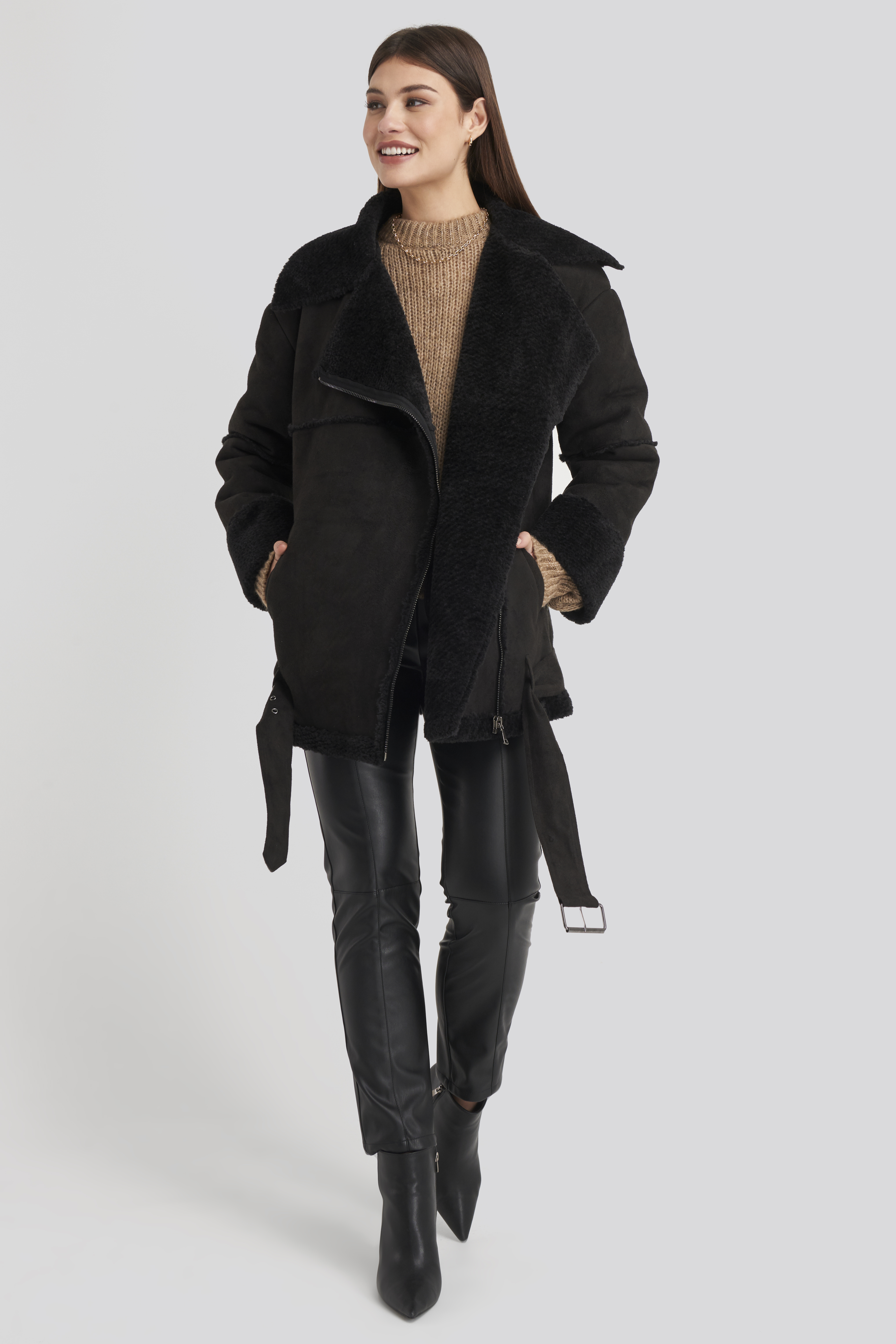 belted aviator jacket black