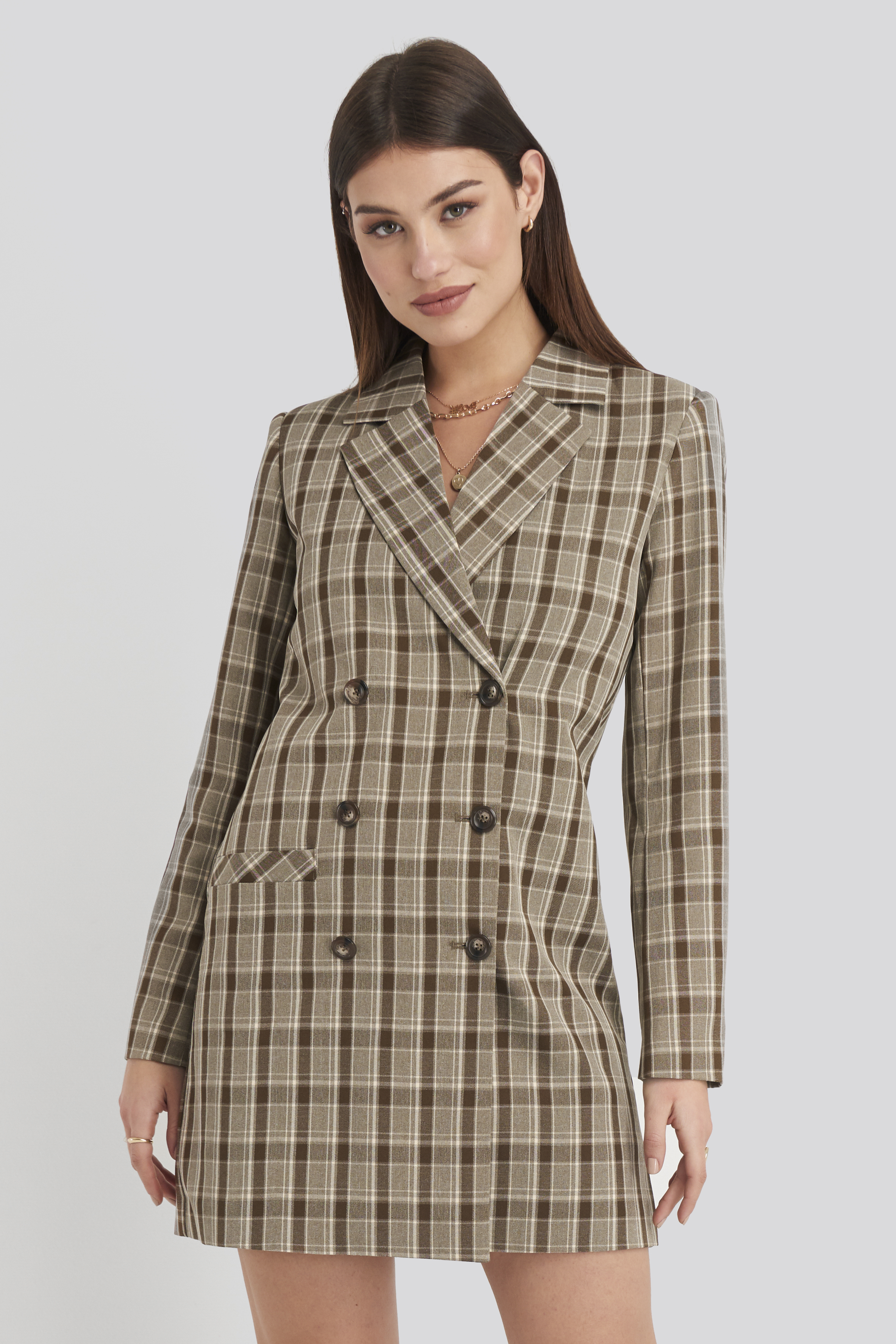 Double Breasted Blazer Dress Checkered