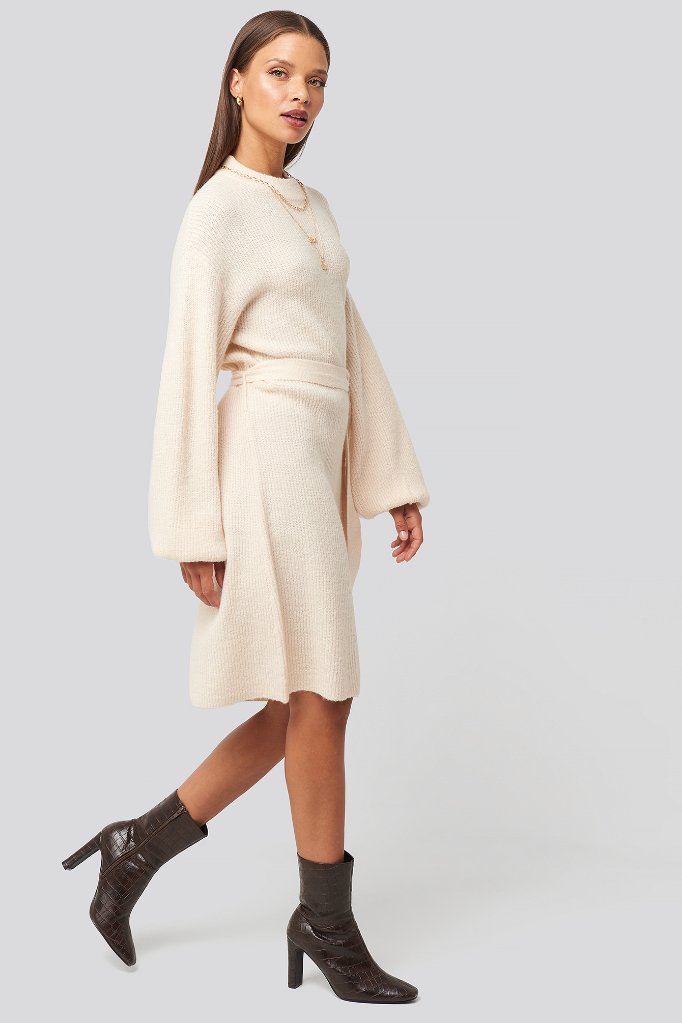 Tied Waist Knitted Dress Off White
