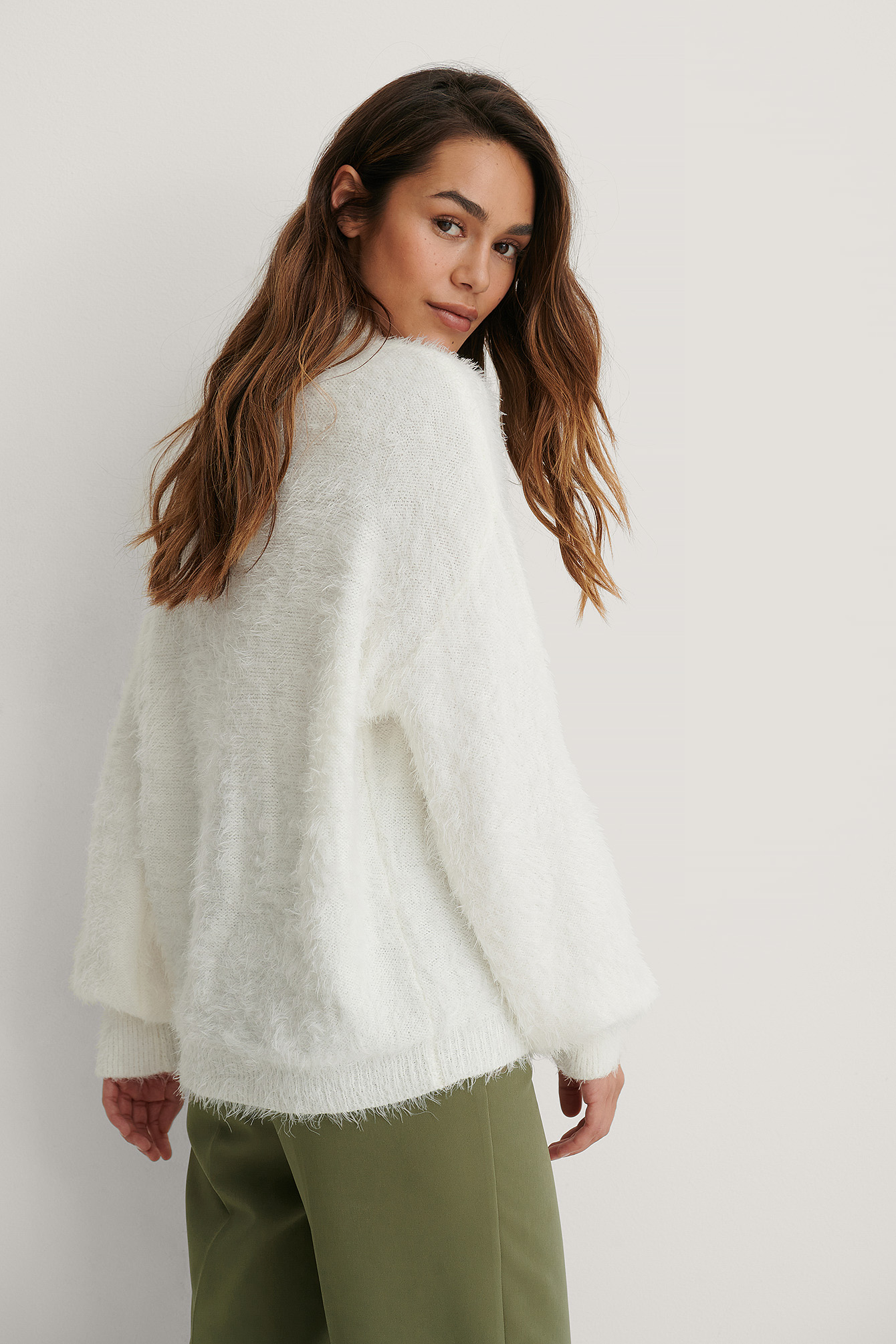 Dropped Shoulder Fuzzy Knitted Sweater Offwhite