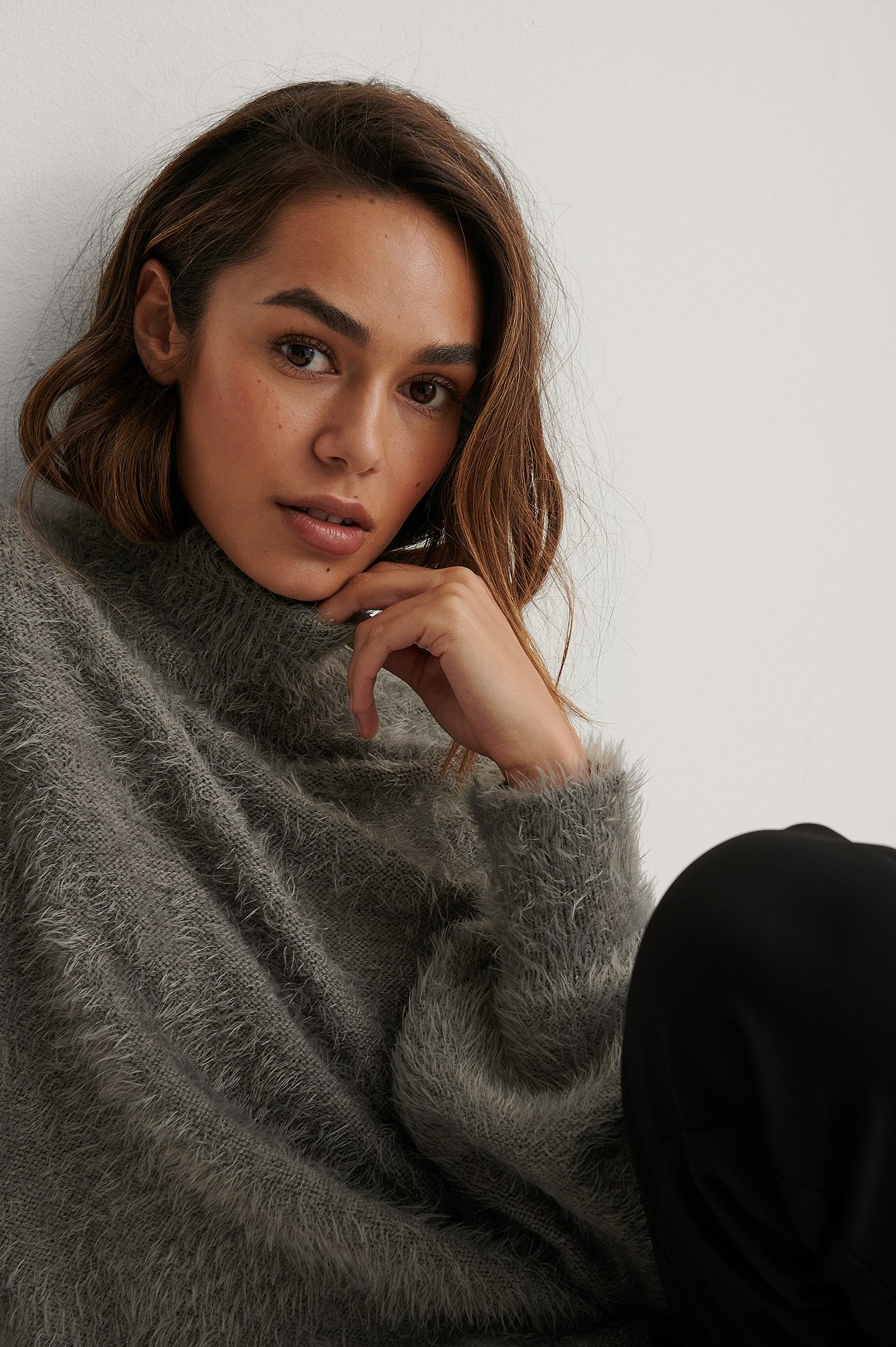 Dark Grey Dropped Shoulder Fuzzy Knitted Sweater