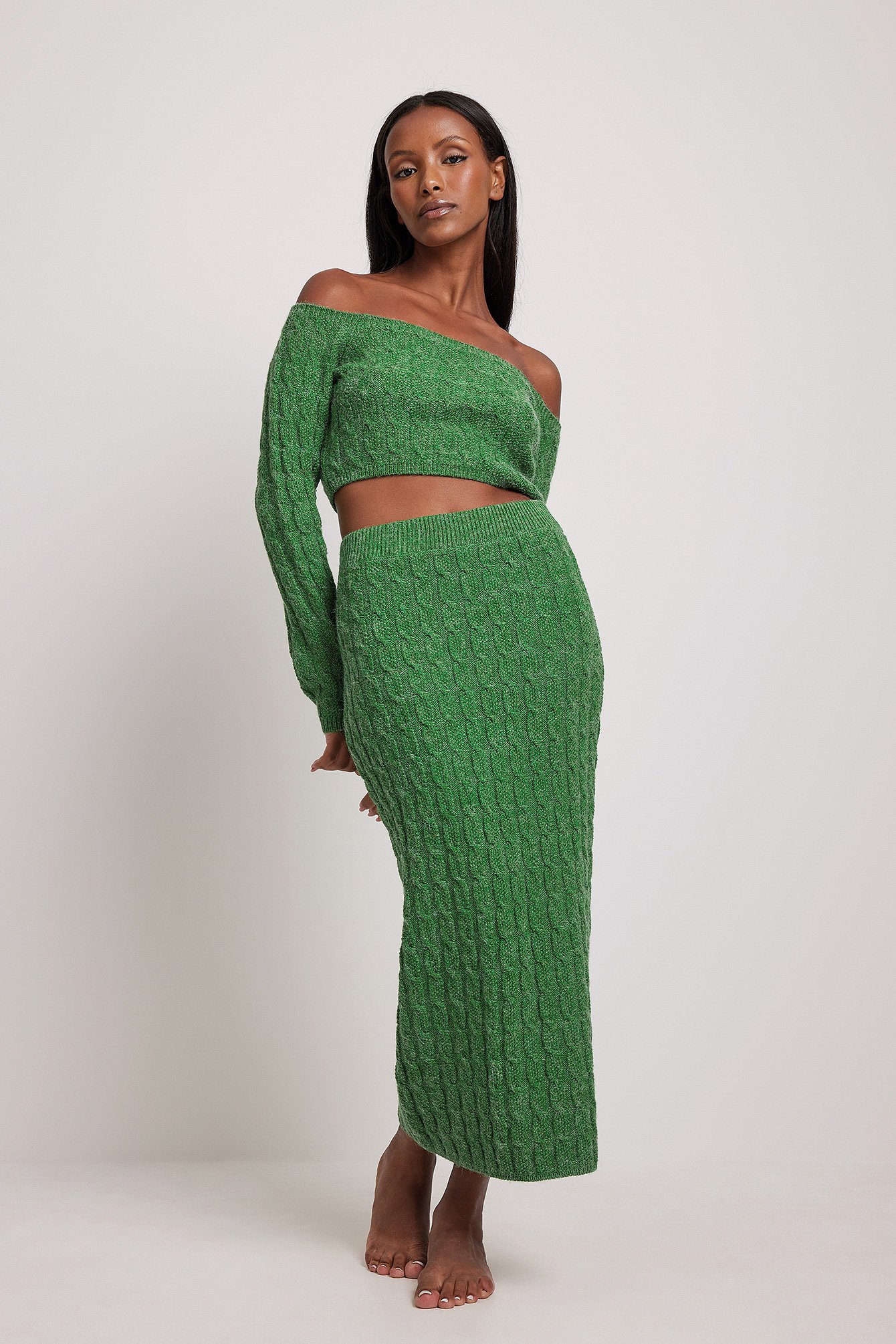 Green Knit Detail Midi Skirt
