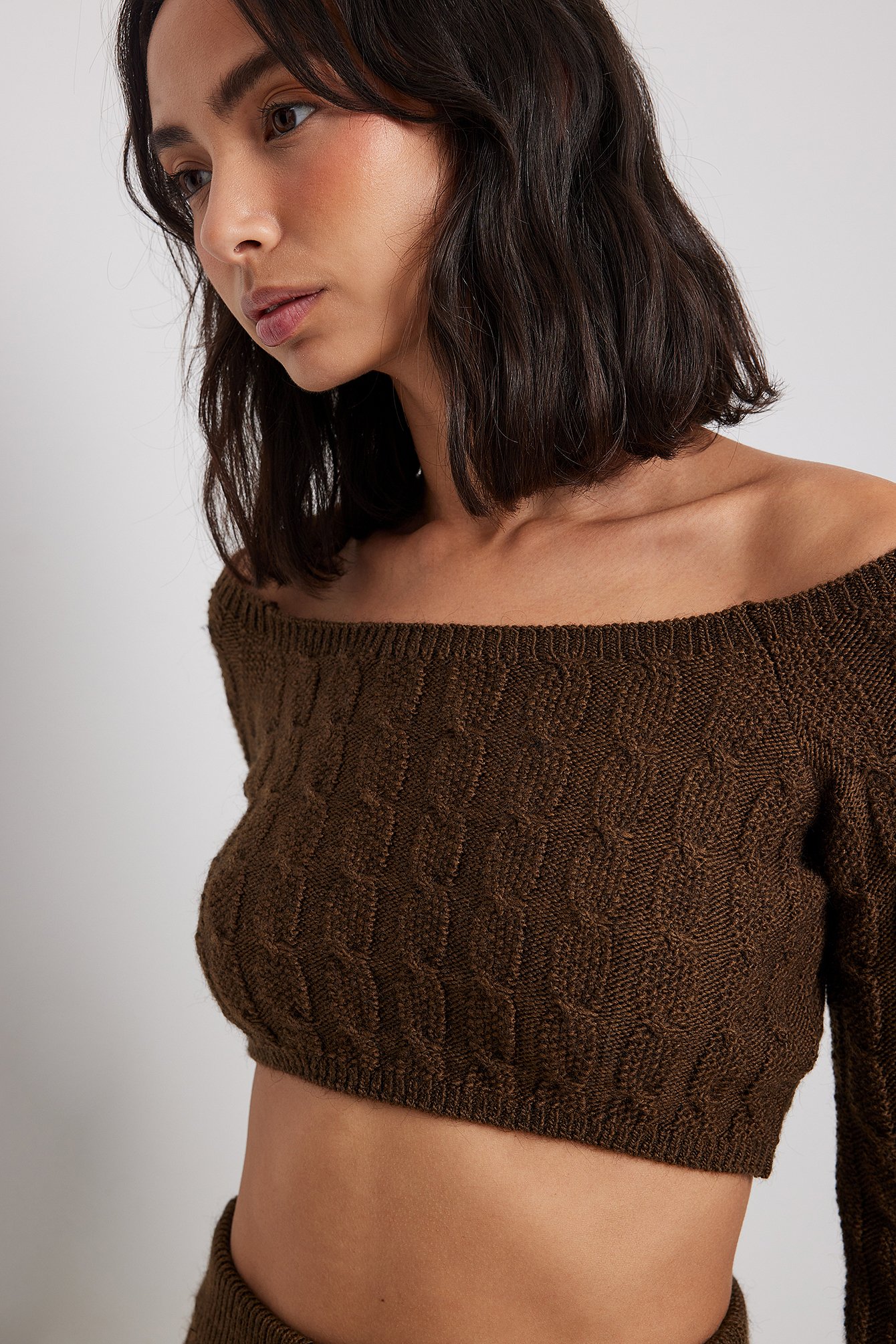 Na-Kd Trend Knit Detail Off Shoulder Crop Sweater - Brown