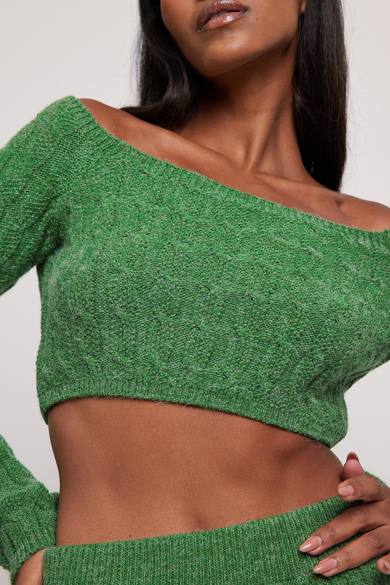 Green Knit Detail Off Shoulder Crop Sweater