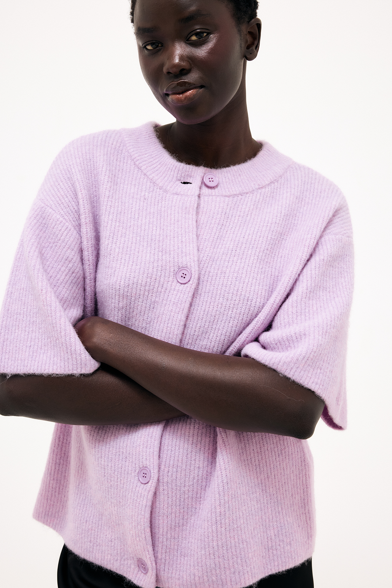 Knitted Short Sleeve Cardigan Purple | NA-KD