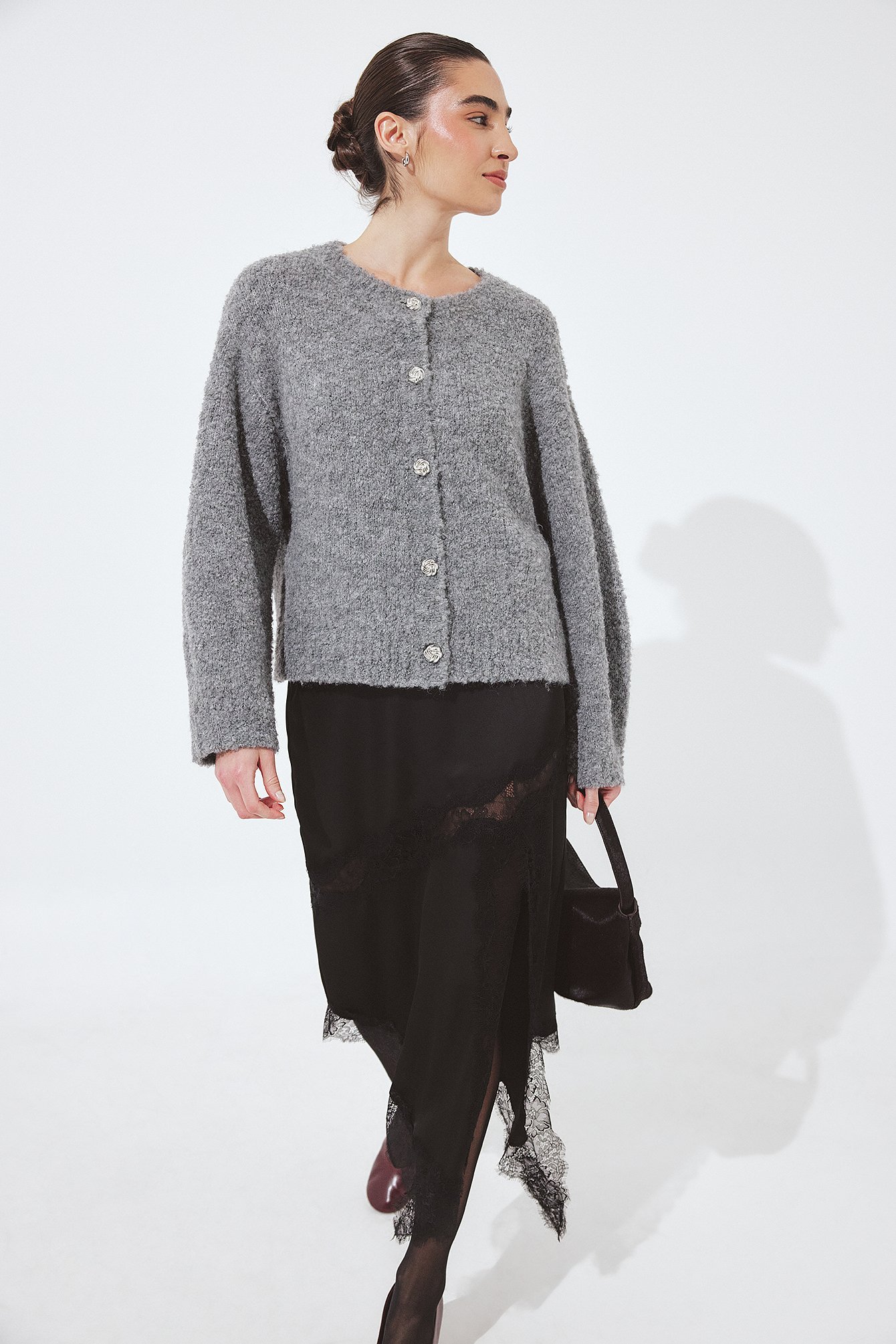 NA-KD Cardigan en maille bouclée - Gilets - Gris - XS (EU 32) - NA-KD / NAKD