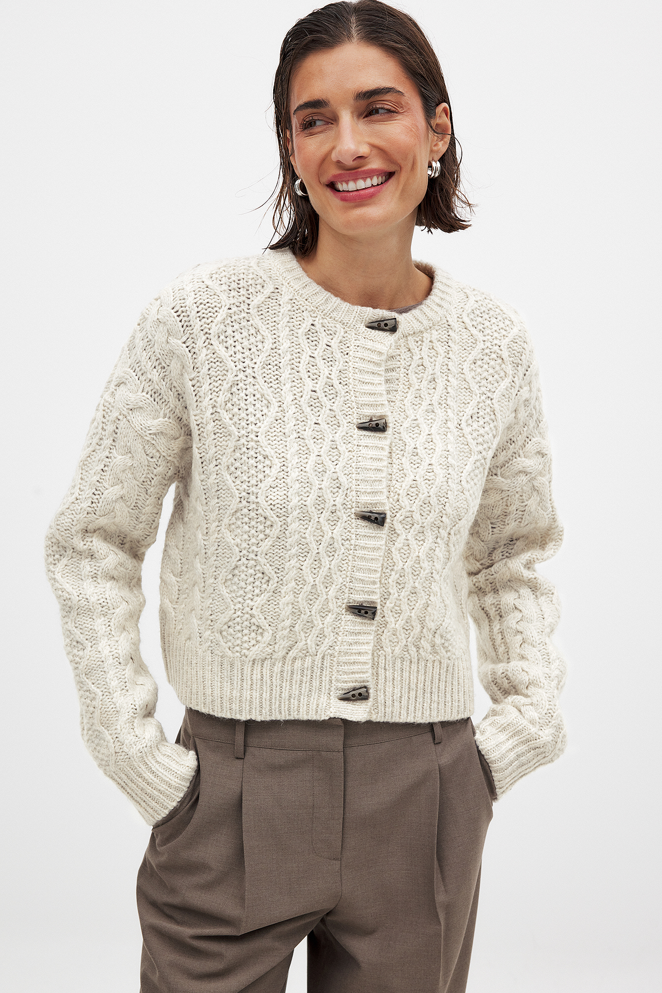 Beige Cable Knit Cardigan - Alice